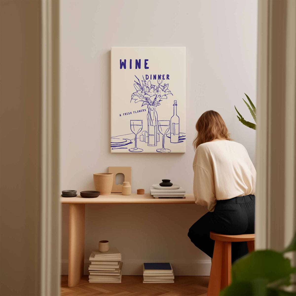Wijn en Bloemen Diner Illustratie – kunstwerk met zwarte baklijst