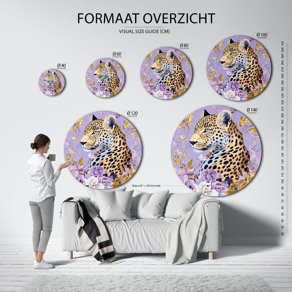 Luipaard en bloemen – ronde muurcirkel met kleurrijke illustratie