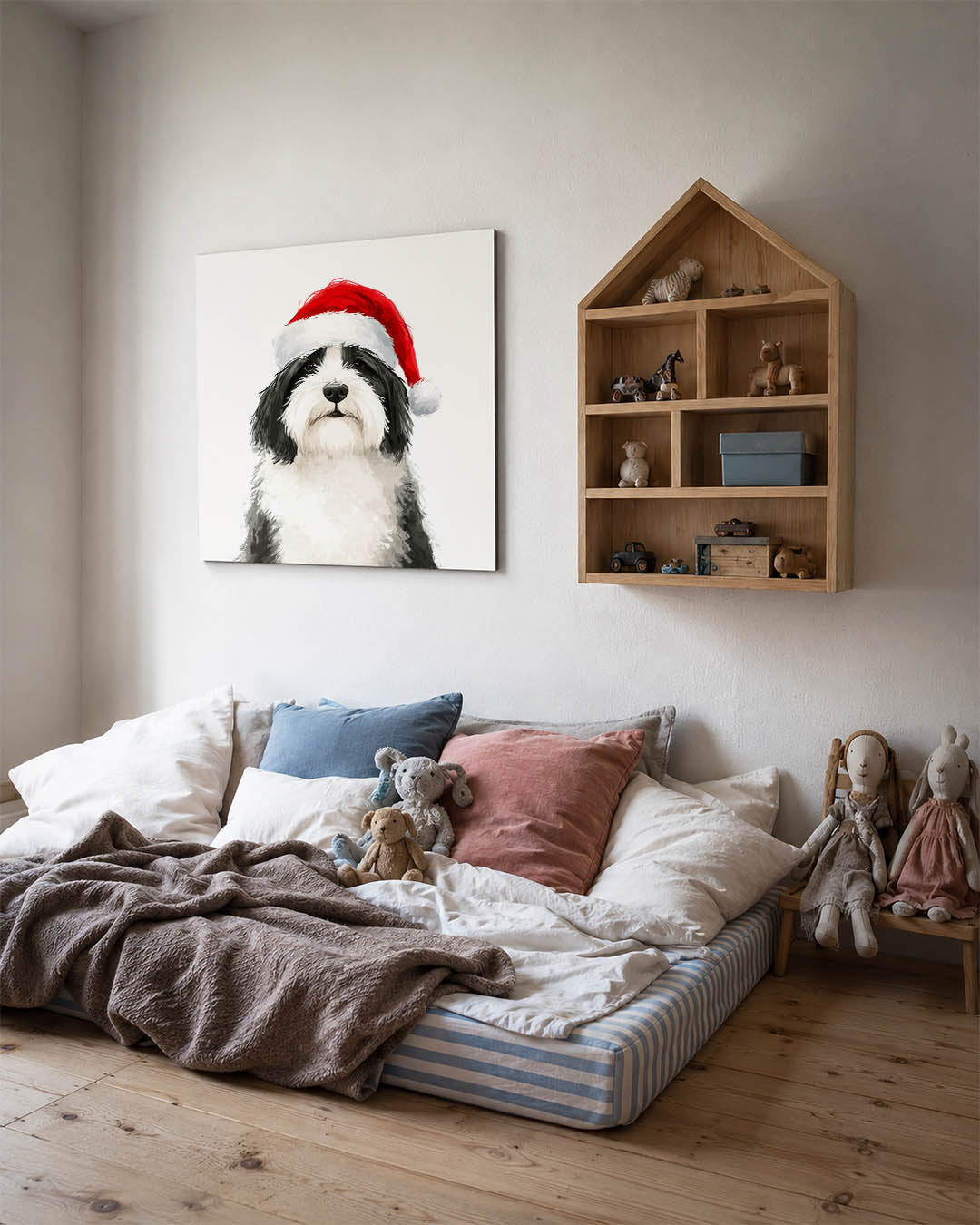 Kersthond portret kunstwerk – derde productweergave – dit werk toont een hond met een kerstmuts. De compositie is eenvoudig