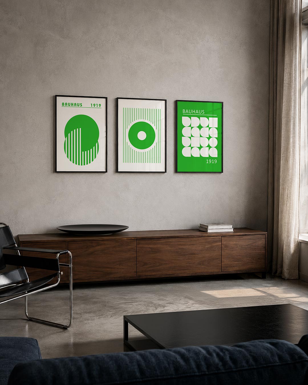 Groene cirkelpatronen driedelige posterset – deze posterset in drie delen toont een levendige groene cirkel met verticale