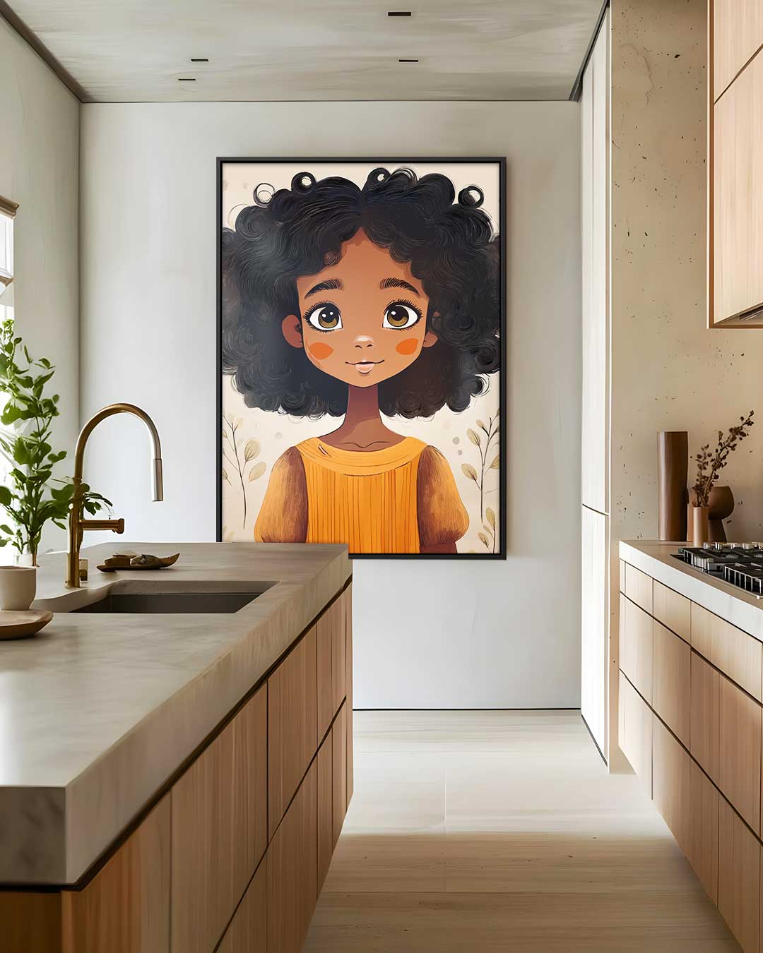 Schattig Meisje met Krullend Haar – modern portret kunstwerk van WallArtistic