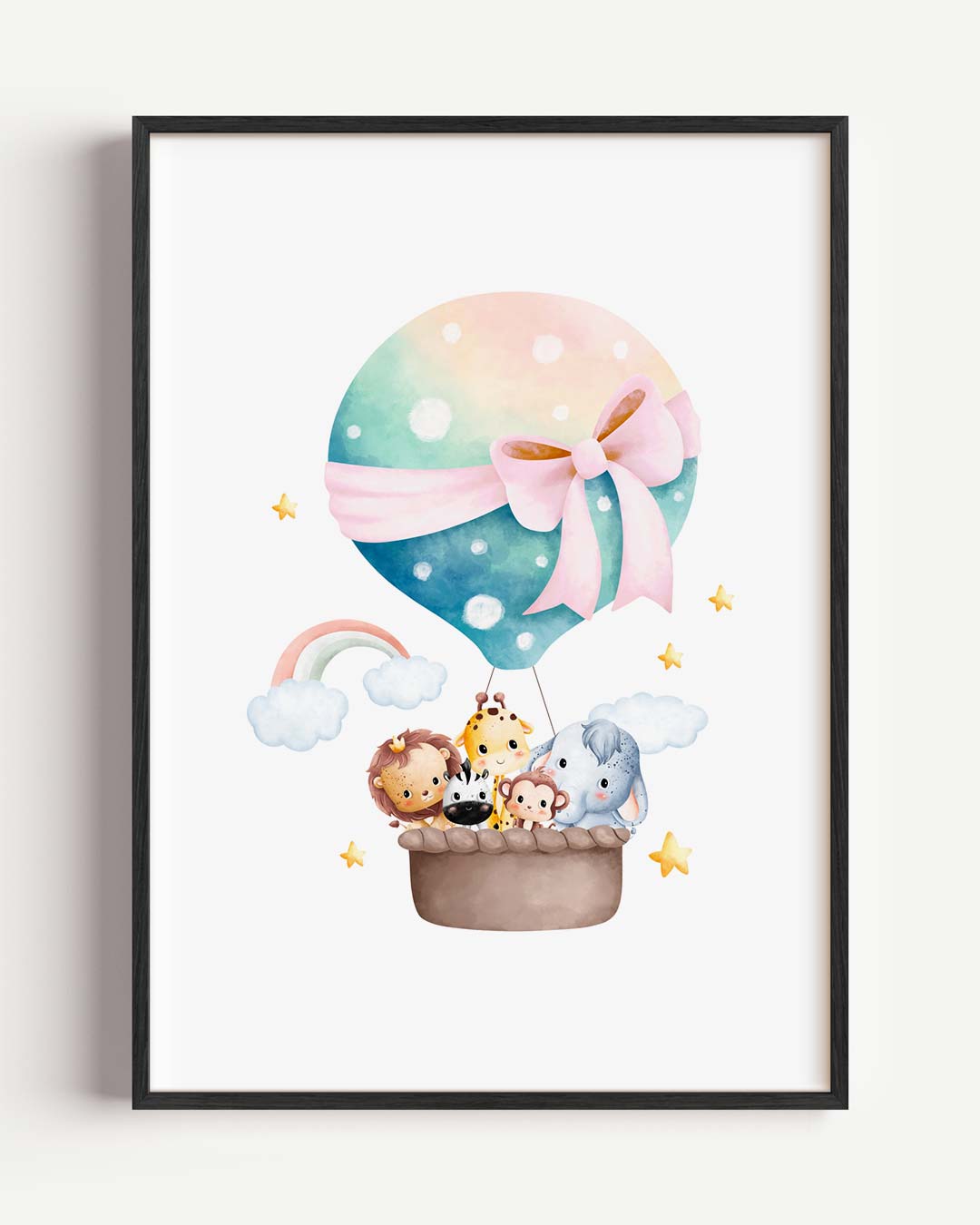 Vrolijke Dieren Luchtballon – kids portret poster als wanddecoratie