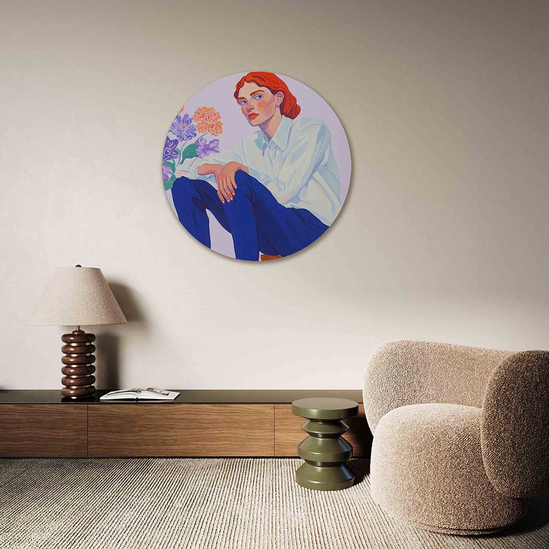 Vrouw met bloemen – abstracte muurcirkel als ronde wanddecoratie