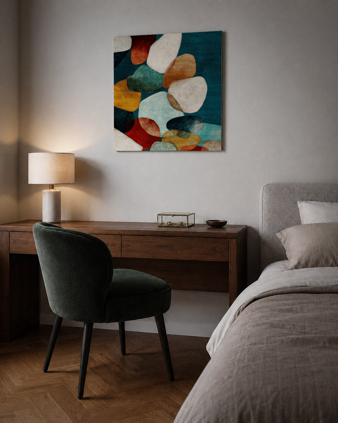 Organische vormen compositie kunstwerk – sfeerbeeld – dit werk toont een verzameling overlappende, organische vormen in een