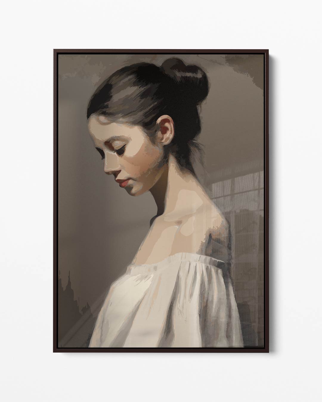 Dromerige Schoonheid in Profiel – portret kunstwerk als wanddecoratie