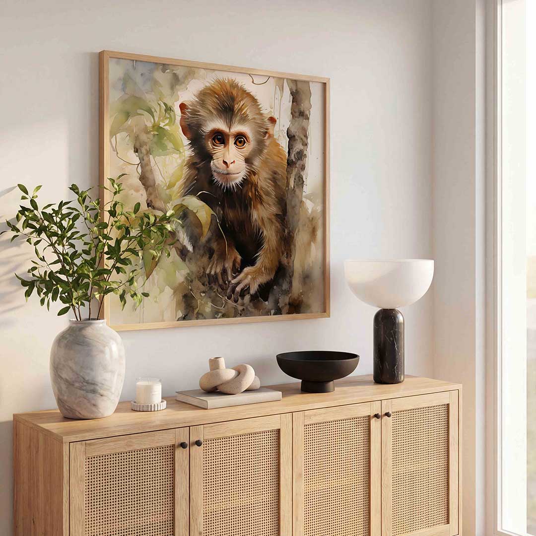 Jonge aap in boom – tropische poster in vierkant formaat