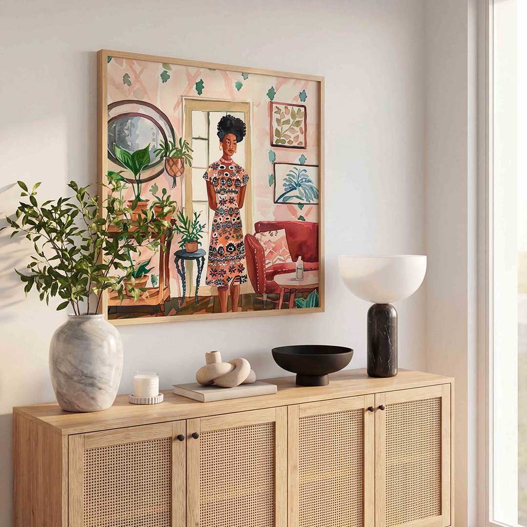 Vrouw in interieur – illustratie poster in vierkant formaat