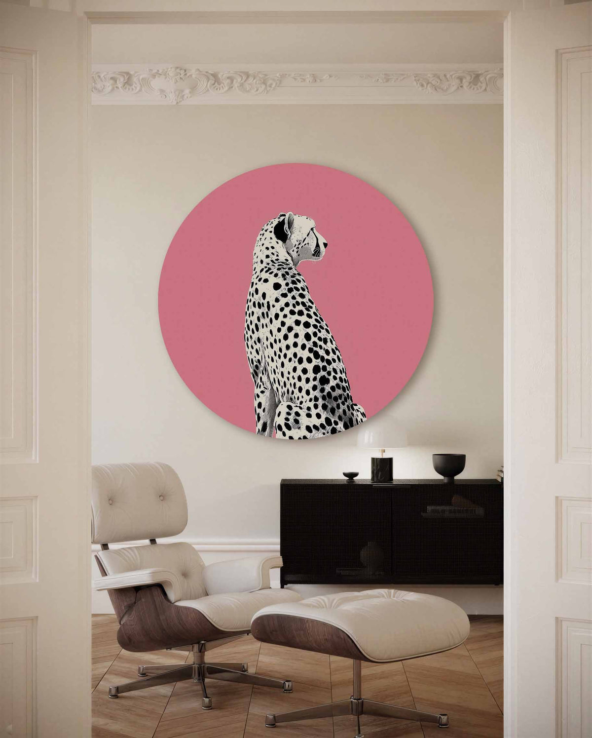 Luipaard op roze – muurcirkel met kleur en vormen voor aan de muur