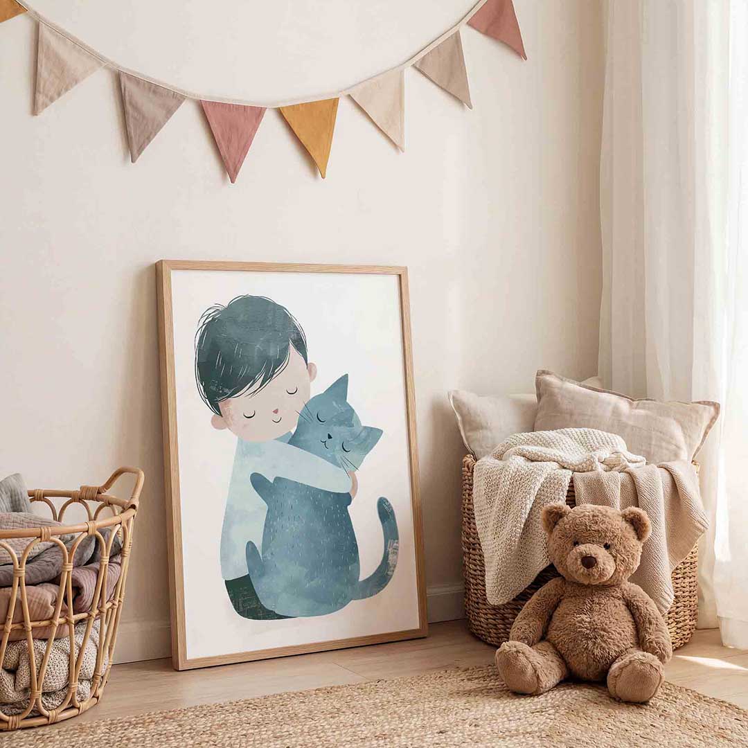 Kind met kat – speelse wandkunst als portret kinderposter