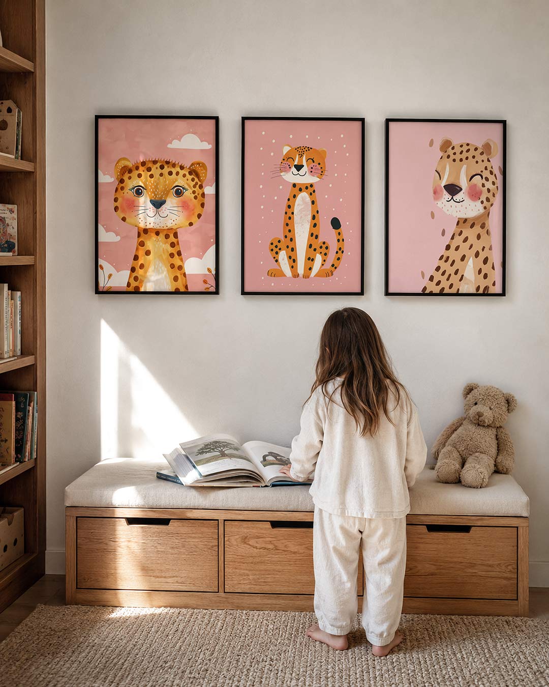 Vrolijke dierenportret posterset – derde productweergave – een schattige luipaard met grote ogen en roze blosjes op