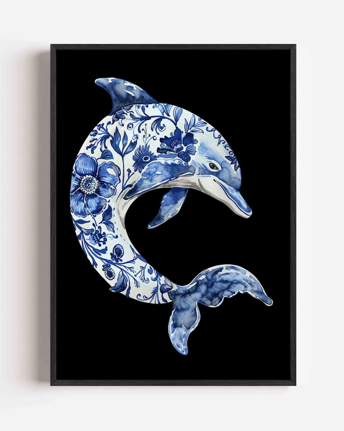 Dolfijn met bloemen – Delfts blauwe portret poster als wanddecoratie