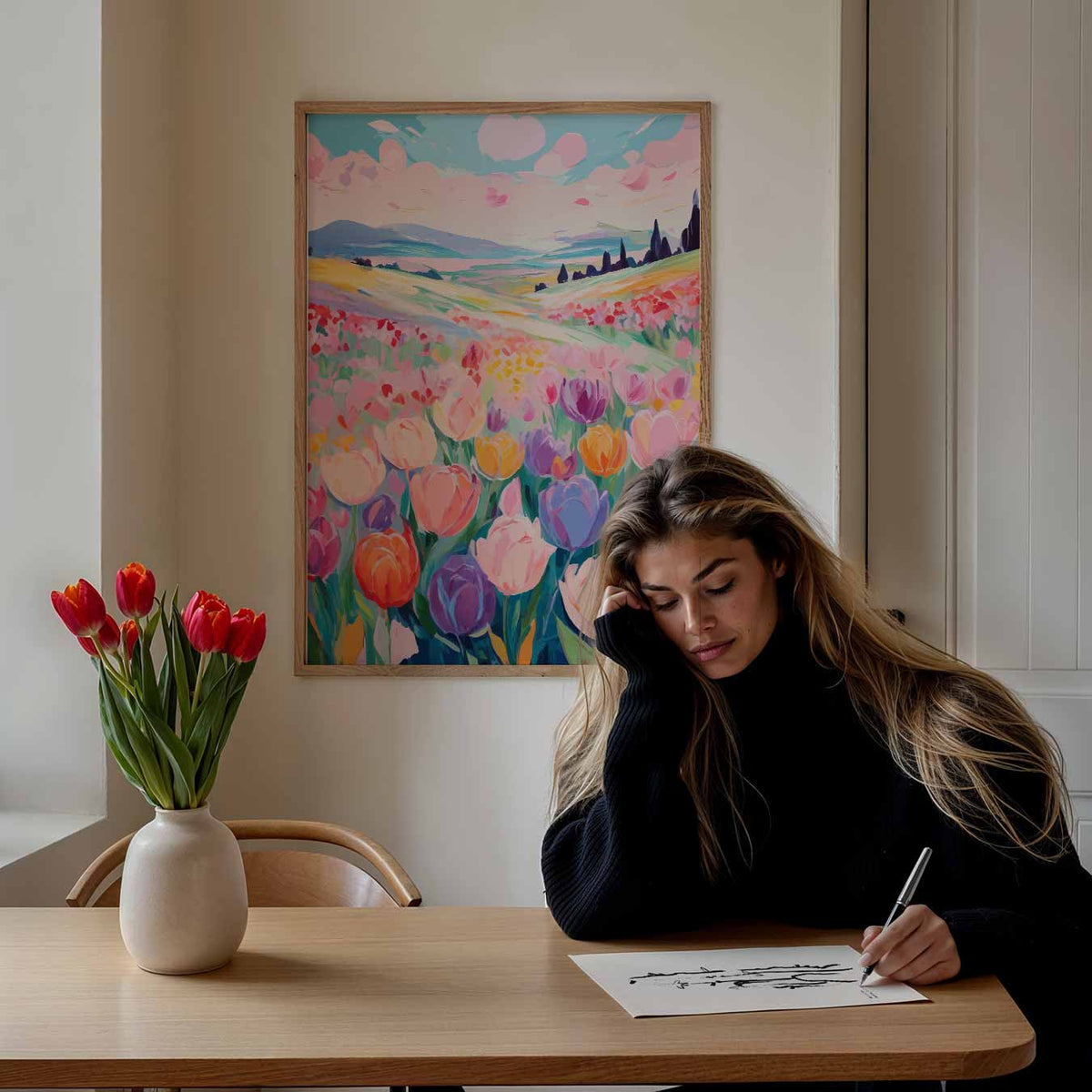 Vrolijke Tulpenweide – bloemen poster als moderne staande wanddecoratie