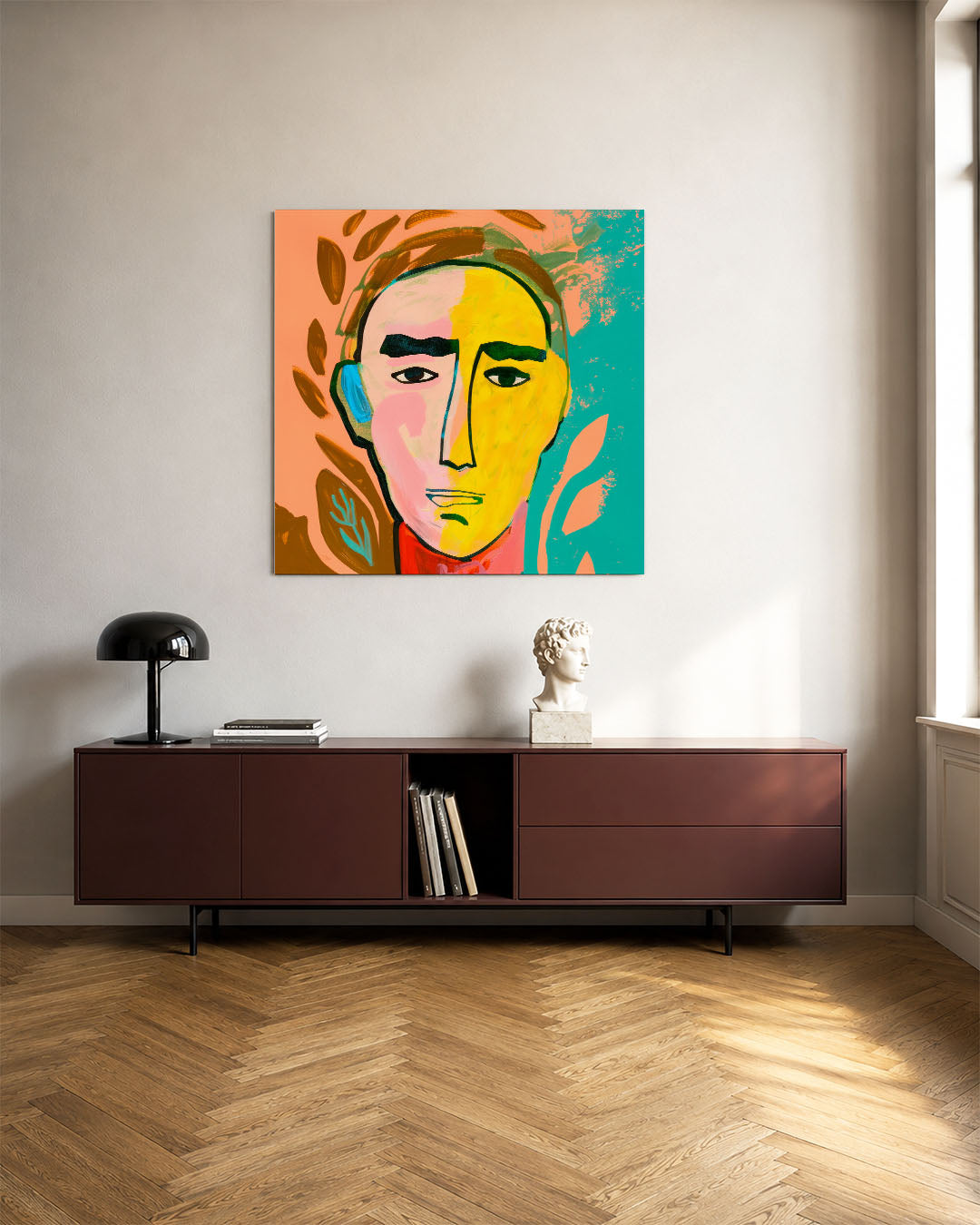 Gezichtsvormen kunstwerk – tweede productweergave – dit werk toont een gezicht met gedurfde lijnen en contrasterende kleuren.