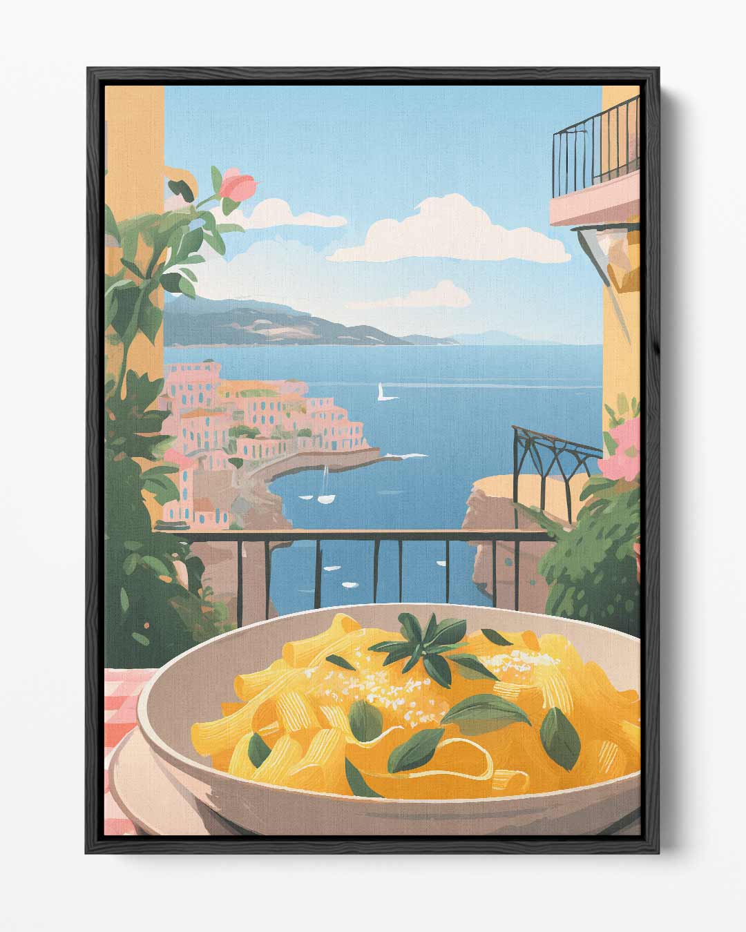 Mediterraans Terras met Pastagerecht – portret kunstwerk als wanddecoratie