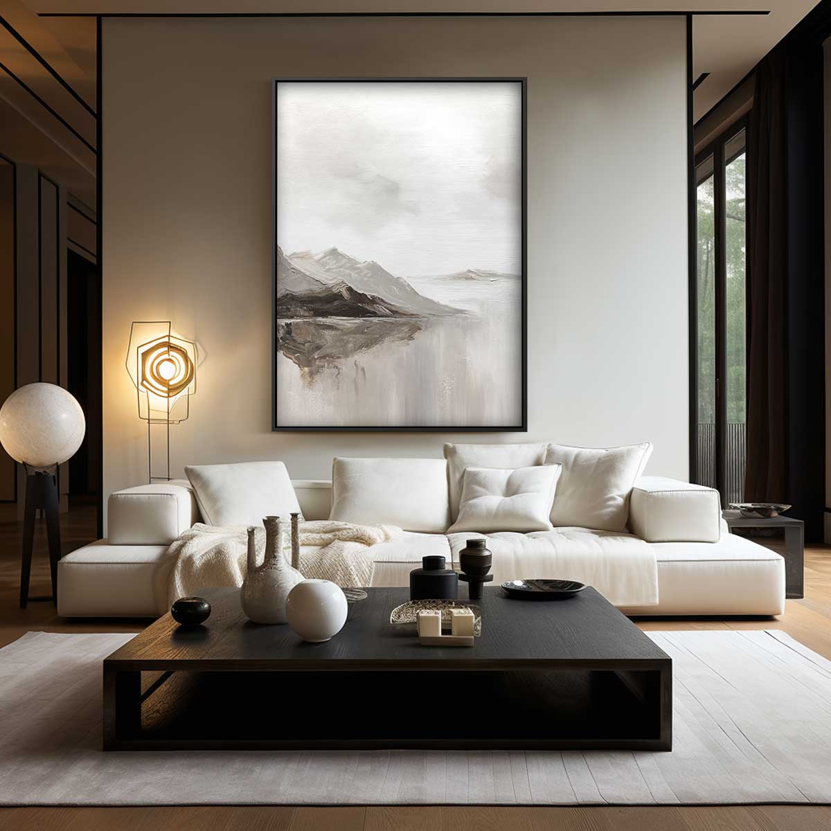 Rustig Berglandschap in Neutrale Tinten – staand kunstwerk voor modern interieur