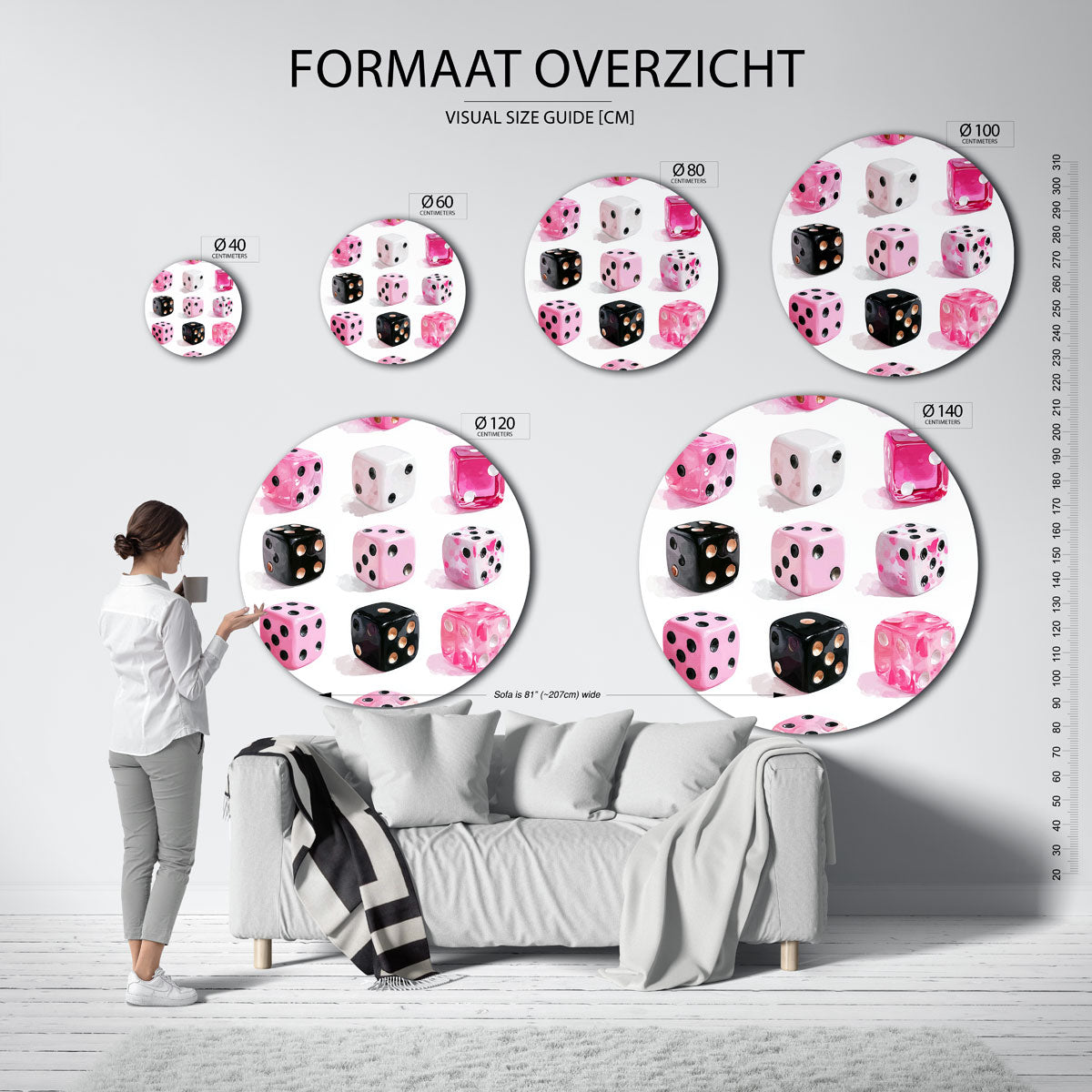 Dobbelstenen patroon – ronde muurdecoratie met kleur en vorm