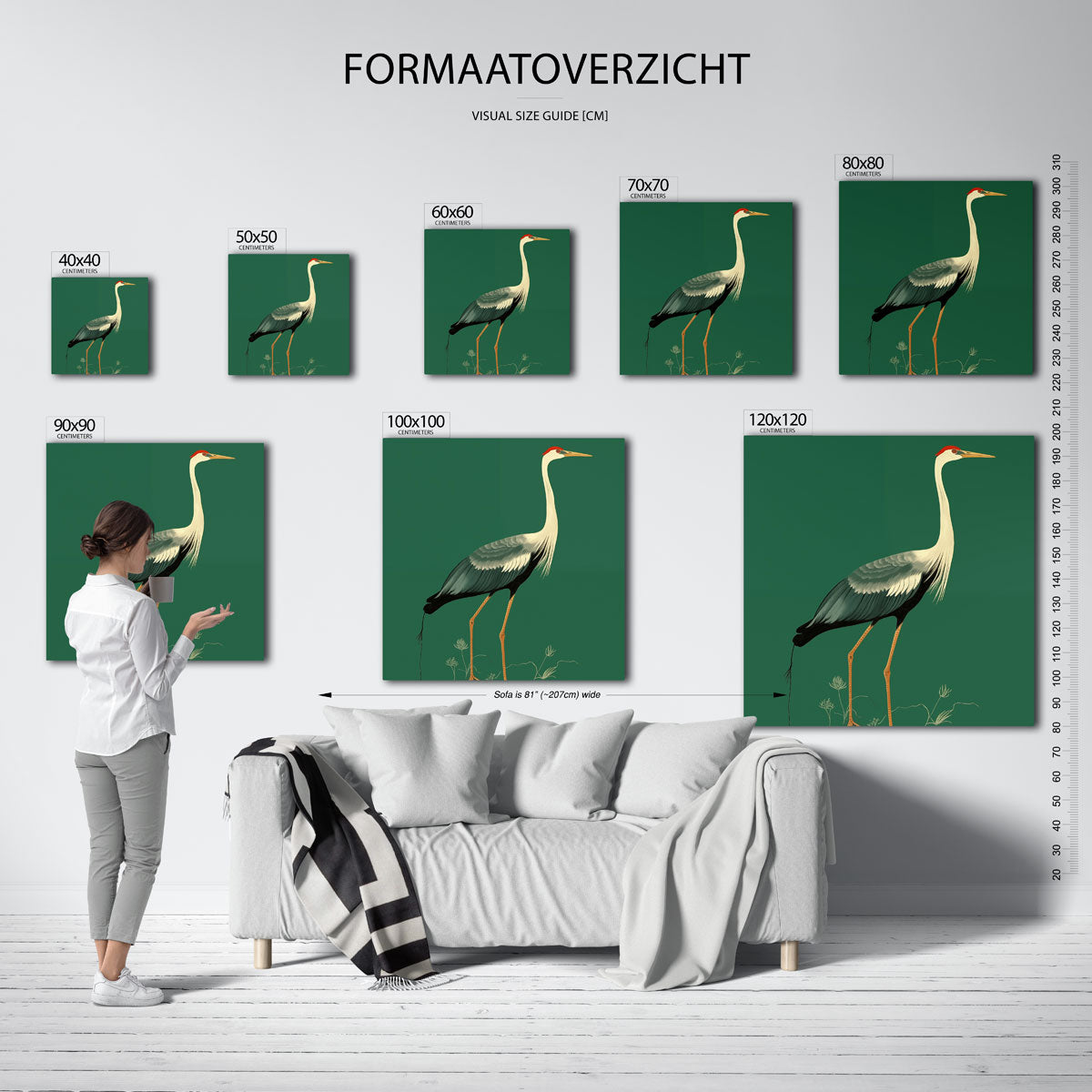 Kraanvogel op groene achtergrond – vierkante muurposter met dierenthema