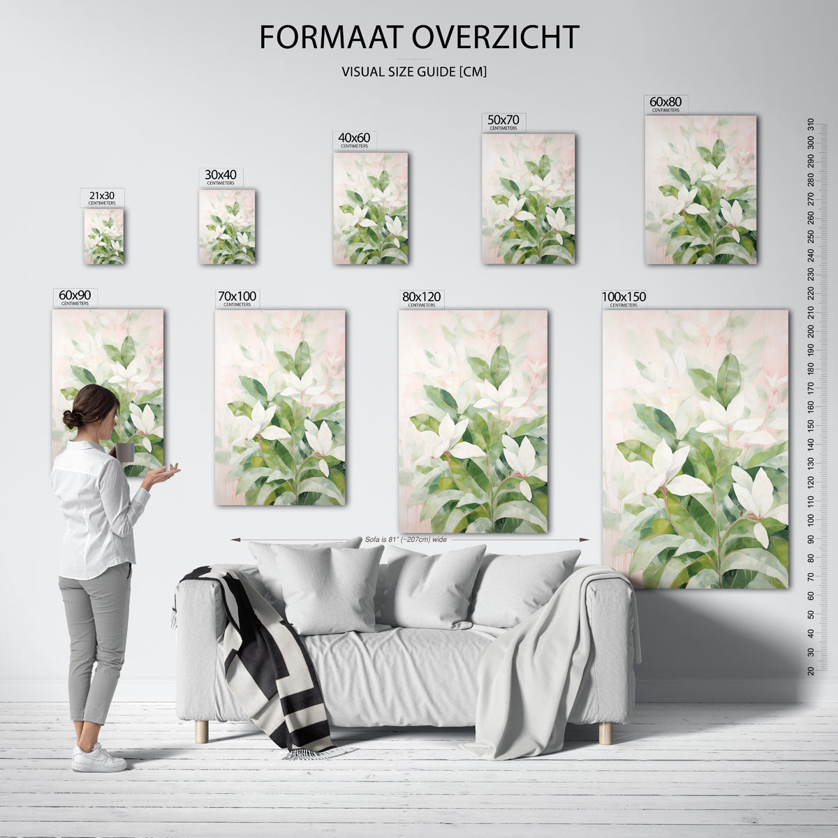 Witte bloemen en groene bladeren – staande muurposter met botanisch thema