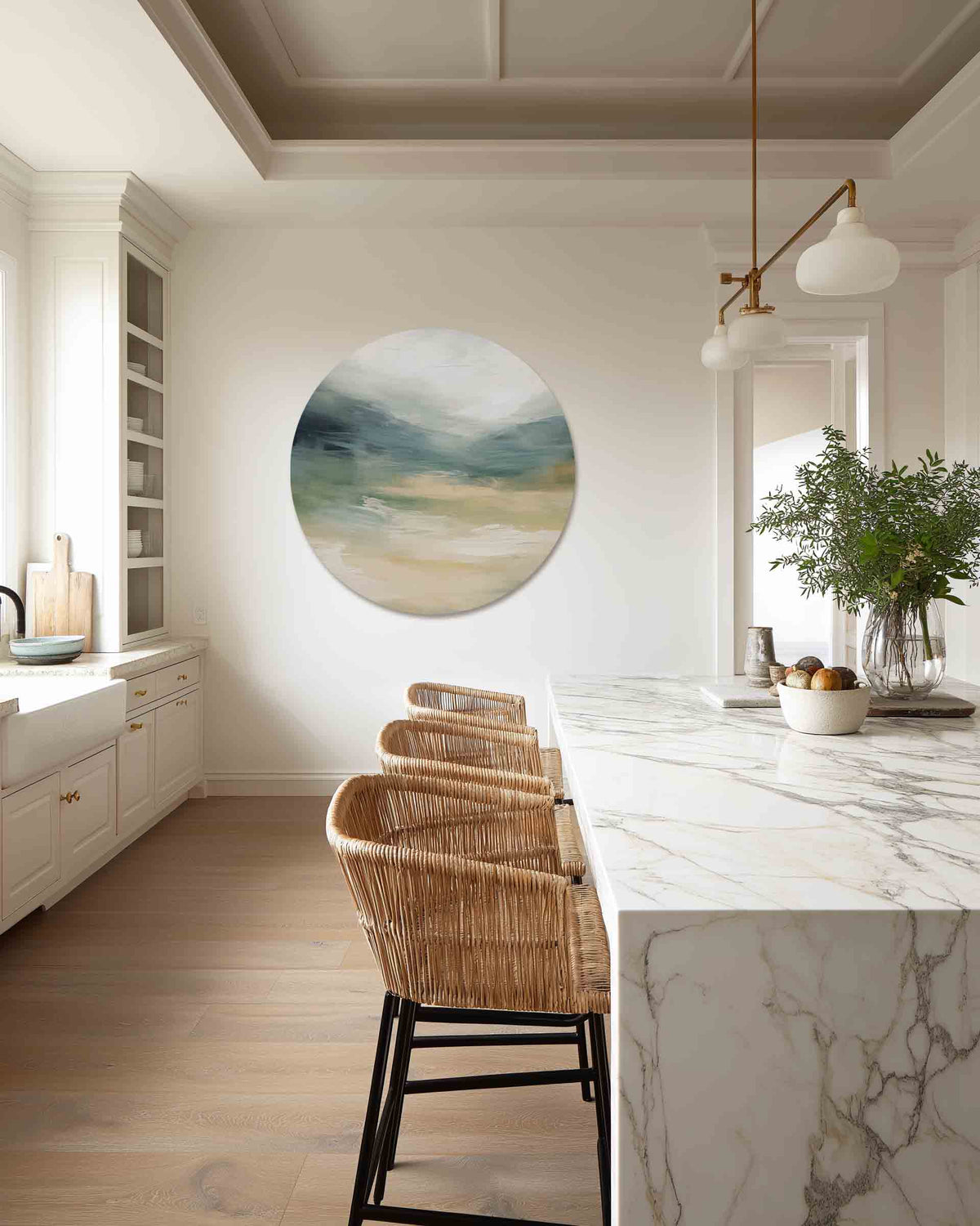 Landschap in zachte tinten – abstracte muurcirkel als ronde wanddecoratie