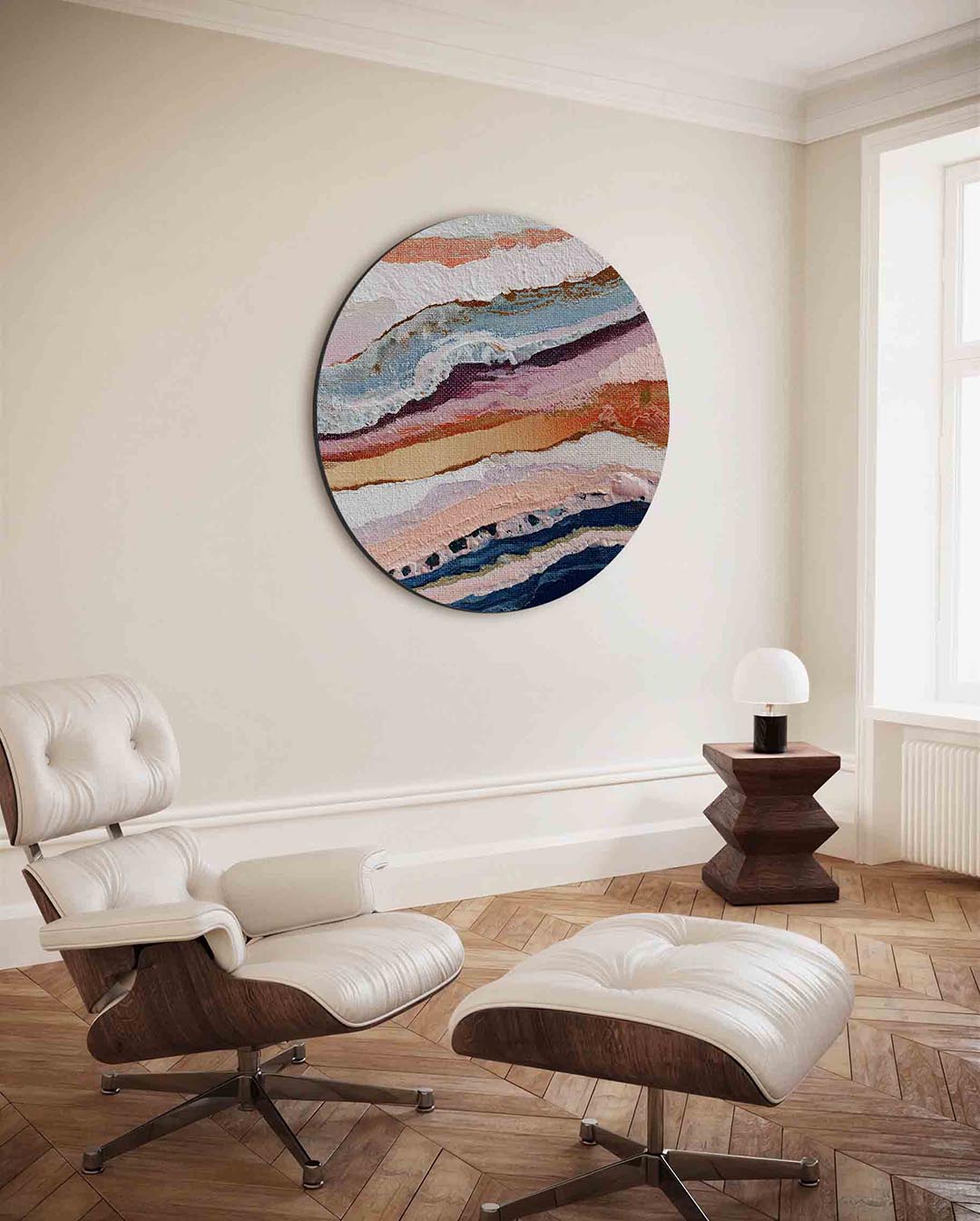 Gelaagde textuur – moderne ronde wanddecoratie met vrouwelijk portret