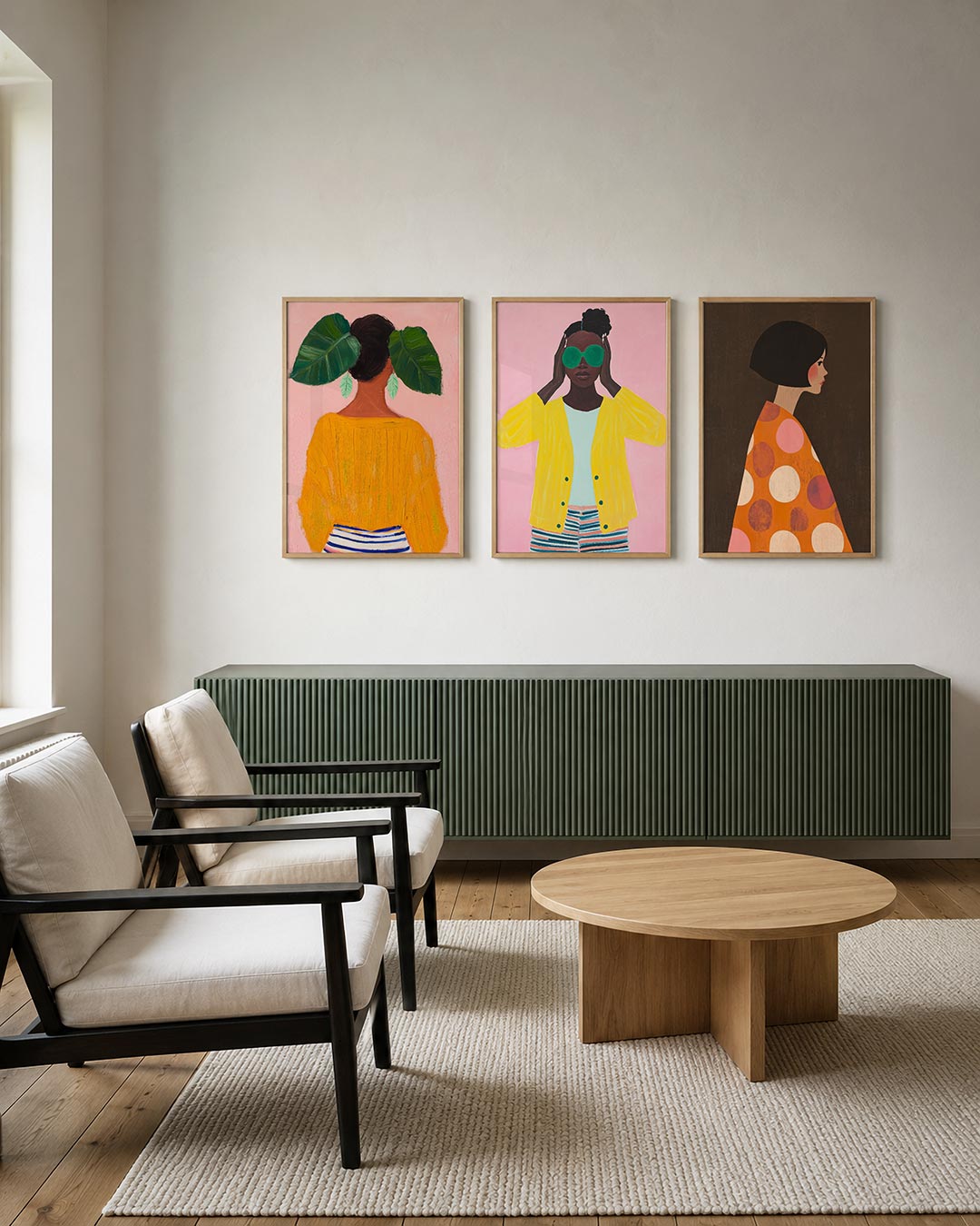 Kleurrijke harmonie posterset – tweede productweergave – een vrouw met een oranje trui en gestreepte rok staat tegen