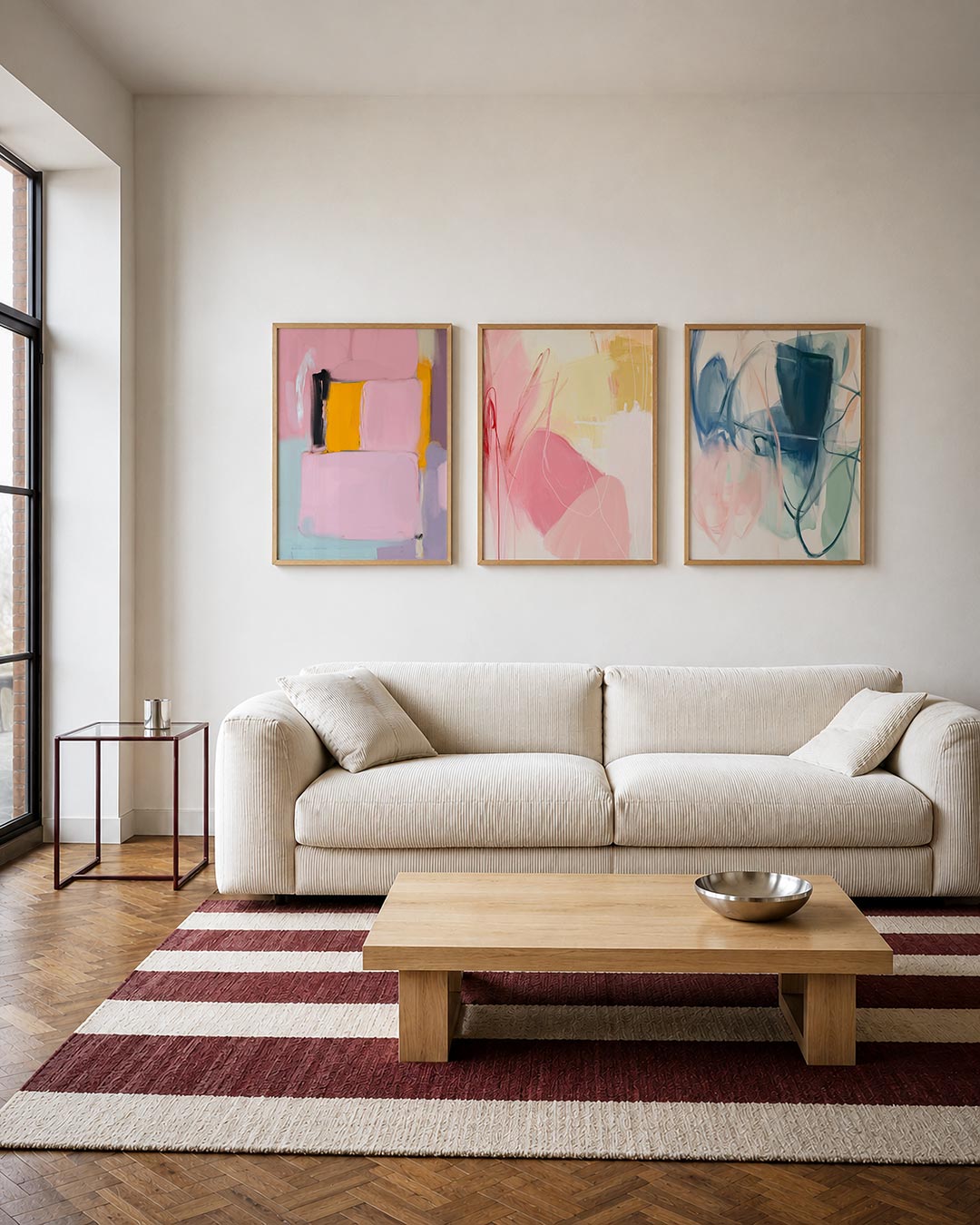 Vorm en kleur driedelige posterset – deze posterset in drie delen toont zachte roze vlakken met