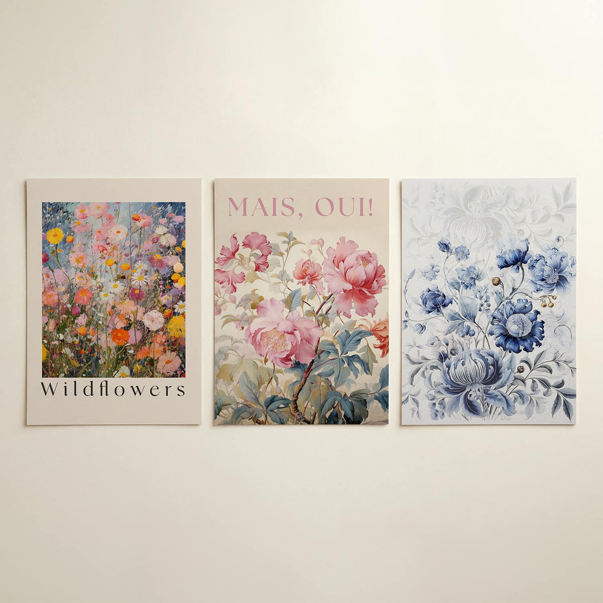 Bloemenweelde posterset – detailweergave – een levendige explosie van kleurrijke bloemen tegen een