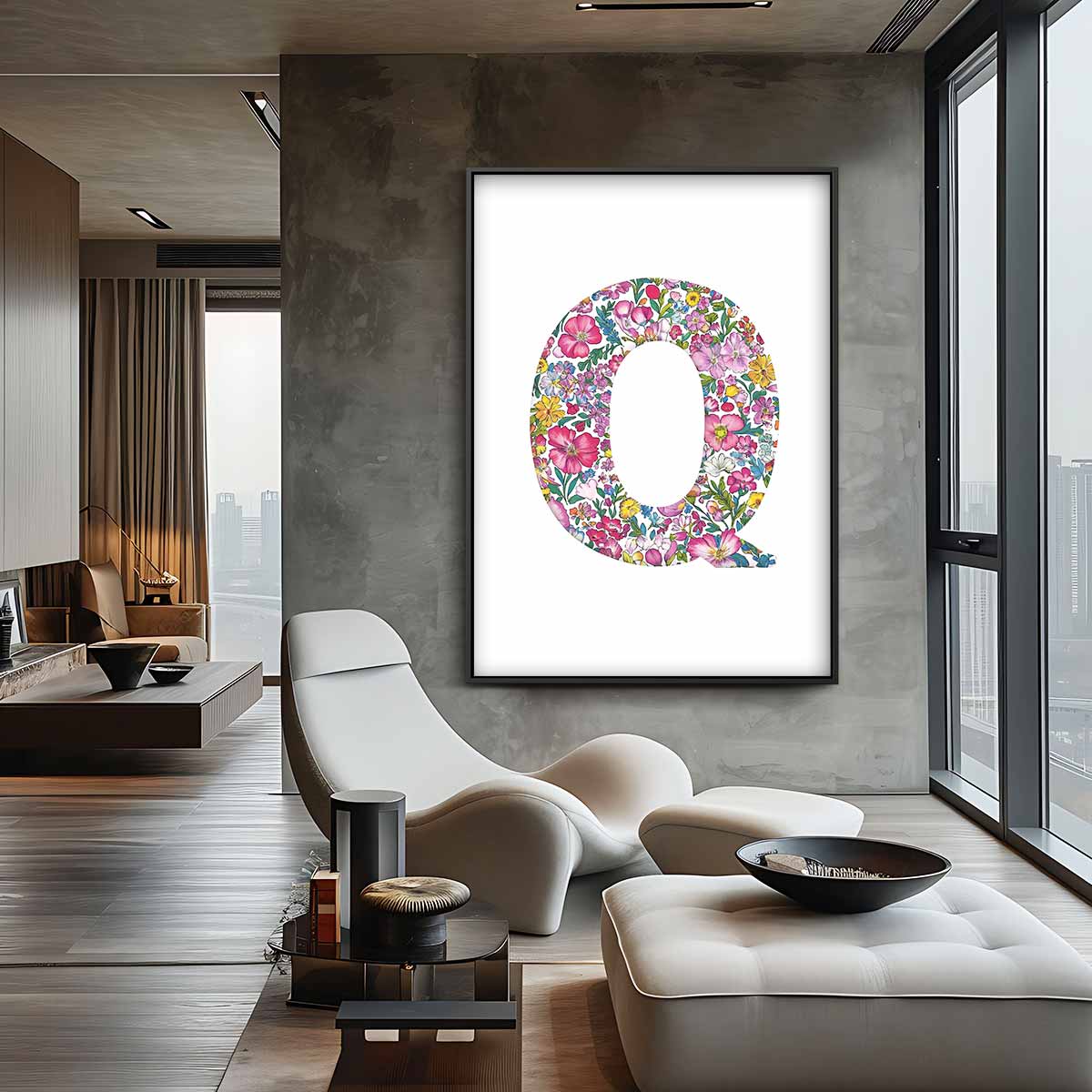 Bloemenletter Q – canvas wanddecoratie in portret formaat