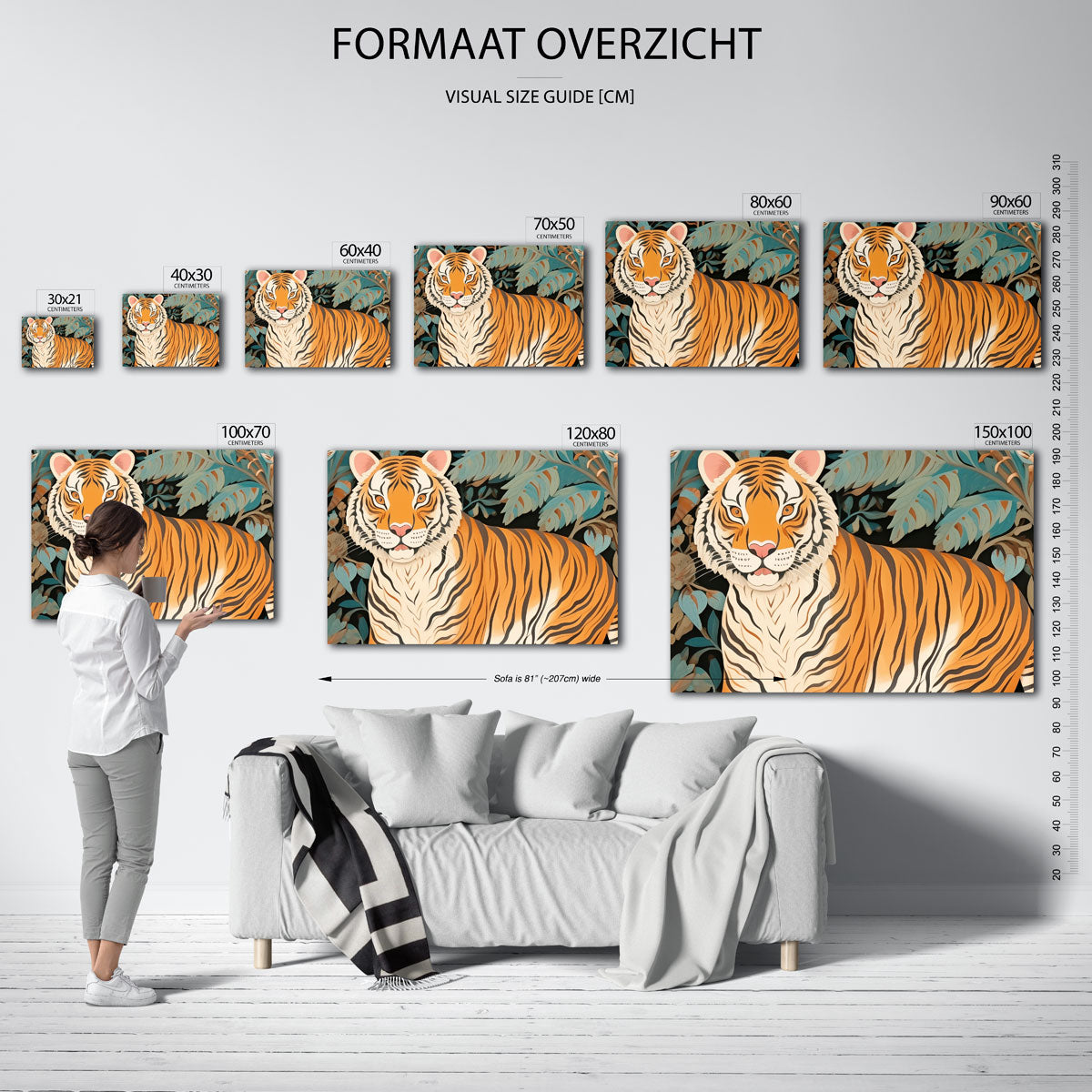 Tijger met bladeren – liggende muurposter met dierenthema