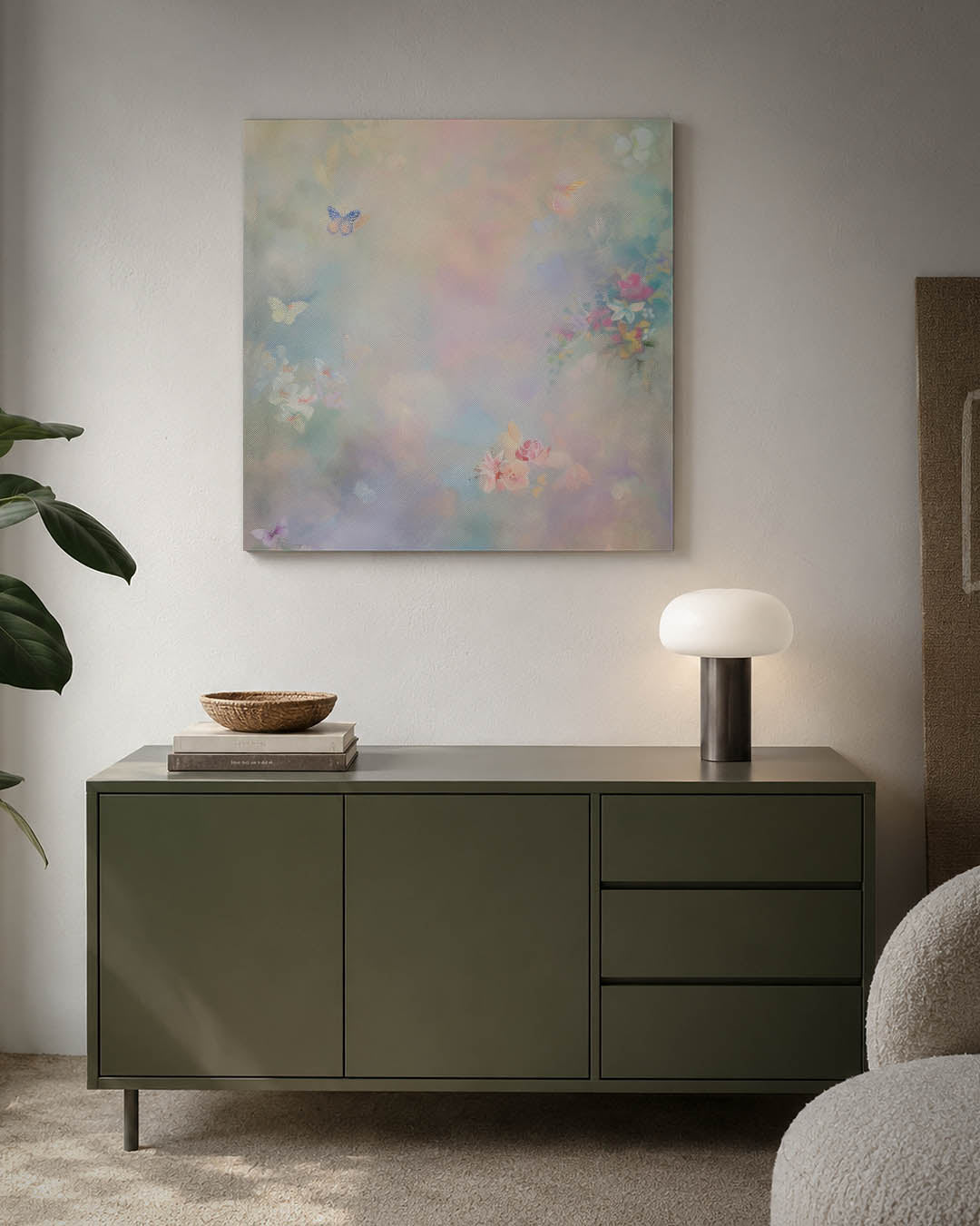 Dromerige vlinders kunstwerk – detailweergave – dit kunstwerk toont een zachte compositie van vlinders en bloemen in