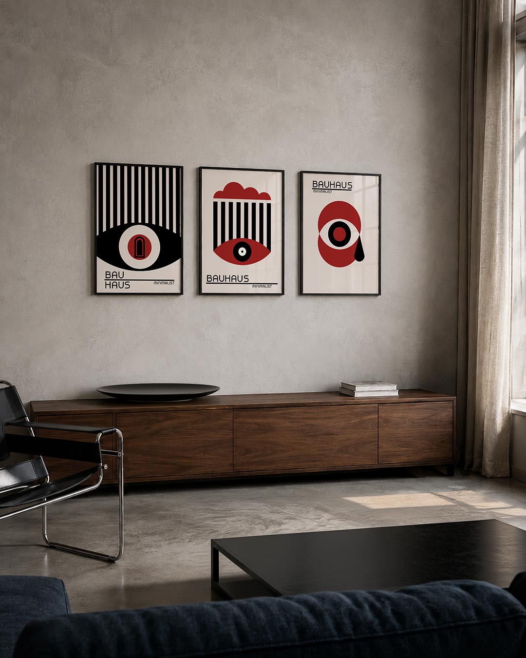 Lijnen en cirkel posterset – tweede productweergave – deze posterset in drie delen toont een spel van verticale zwarte lijnen