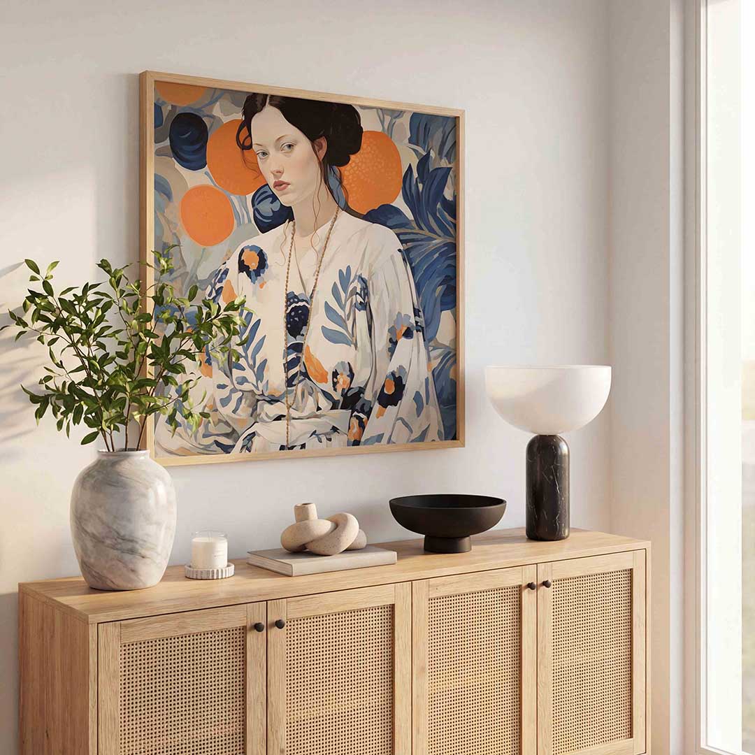 Vrouw met bloemenpatroon – kunst en design poster in vierkant formaat