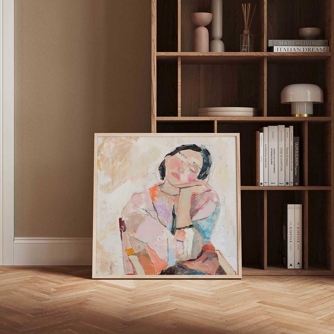 Dromerige vrouw – vierkante design wanddecoratie van WallArtistic
