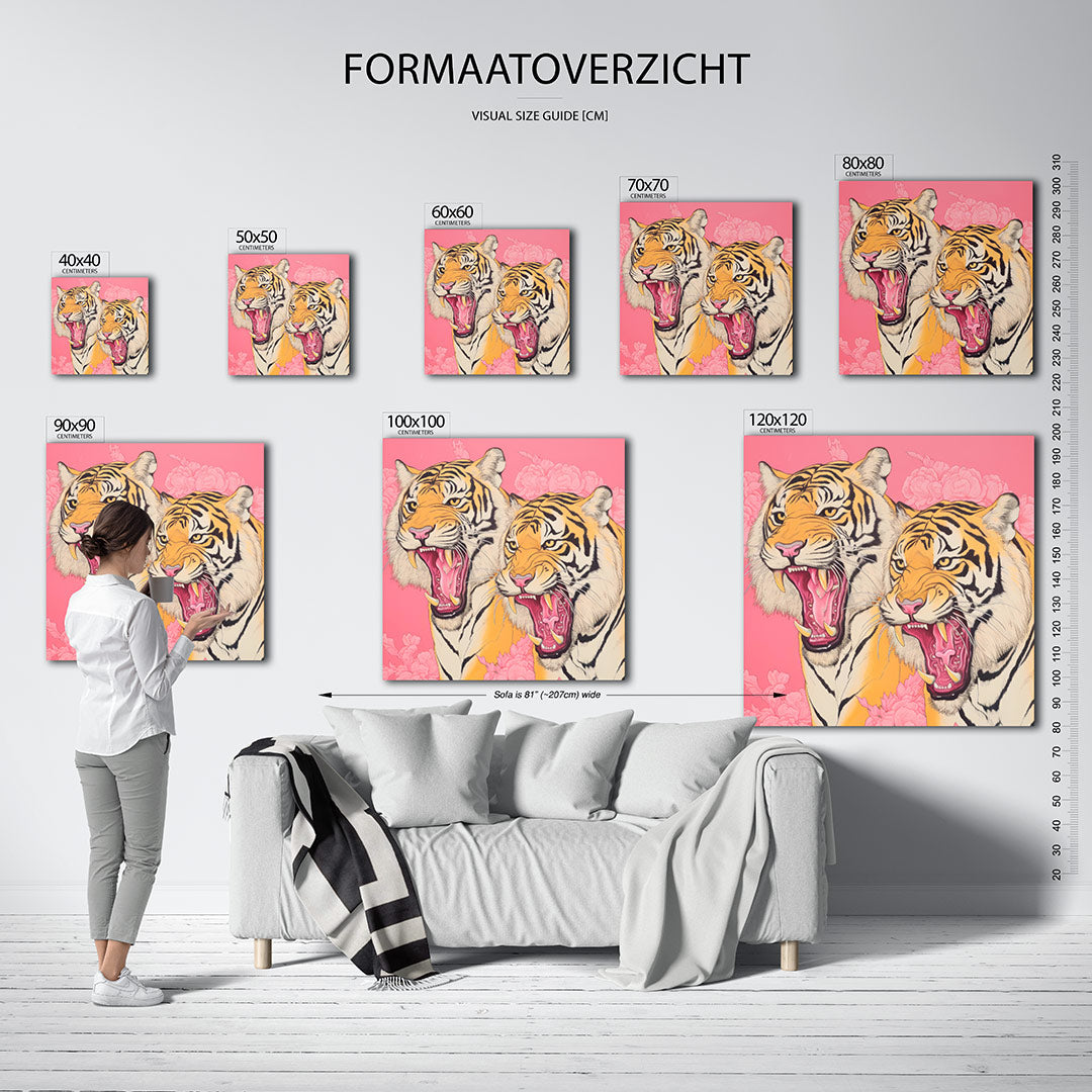 Tijgers kunstwerk – sfeerbeeld – dit werk toont twee brullende tijgers tegen een roze achtergrond met bloemen. De levendige