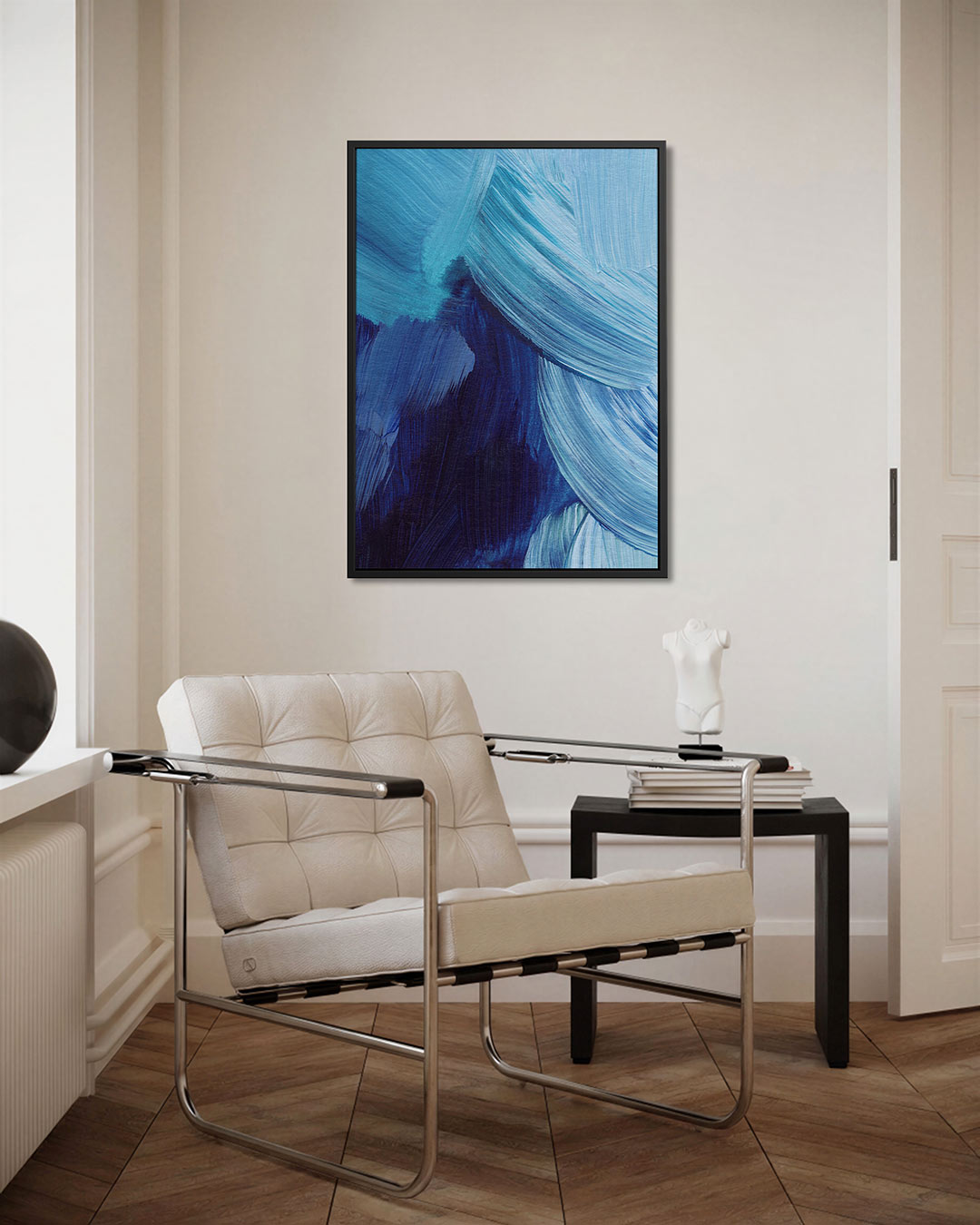 Dynamische blauwe beweging – kunstwerk als stijlvolle wanddecoratie