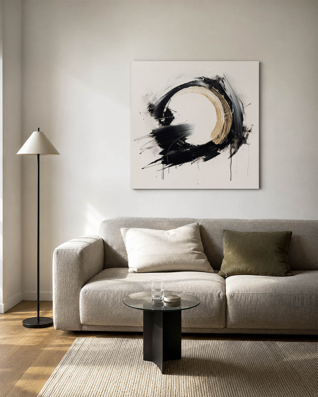 Dynamische cirkel kunstwerk – vierkante wanddecoratie – dit kunstwerk toont een cirkelvorm met vloeiende penseelstreken in
