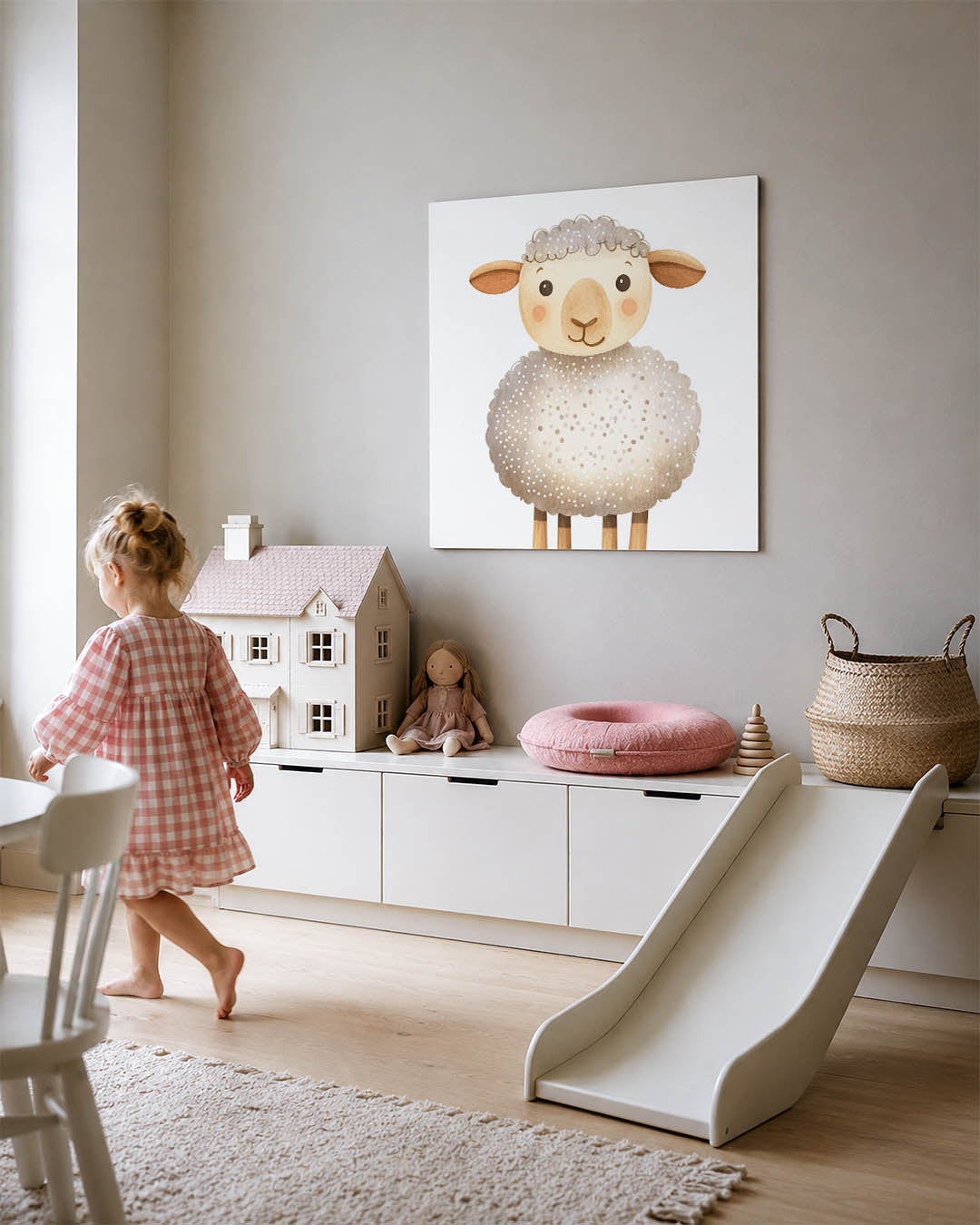 Schattig schaap kunstwerk – tweede productweergave – dit toont een schattig schaap met een wollige vacht, zachte kleuren en