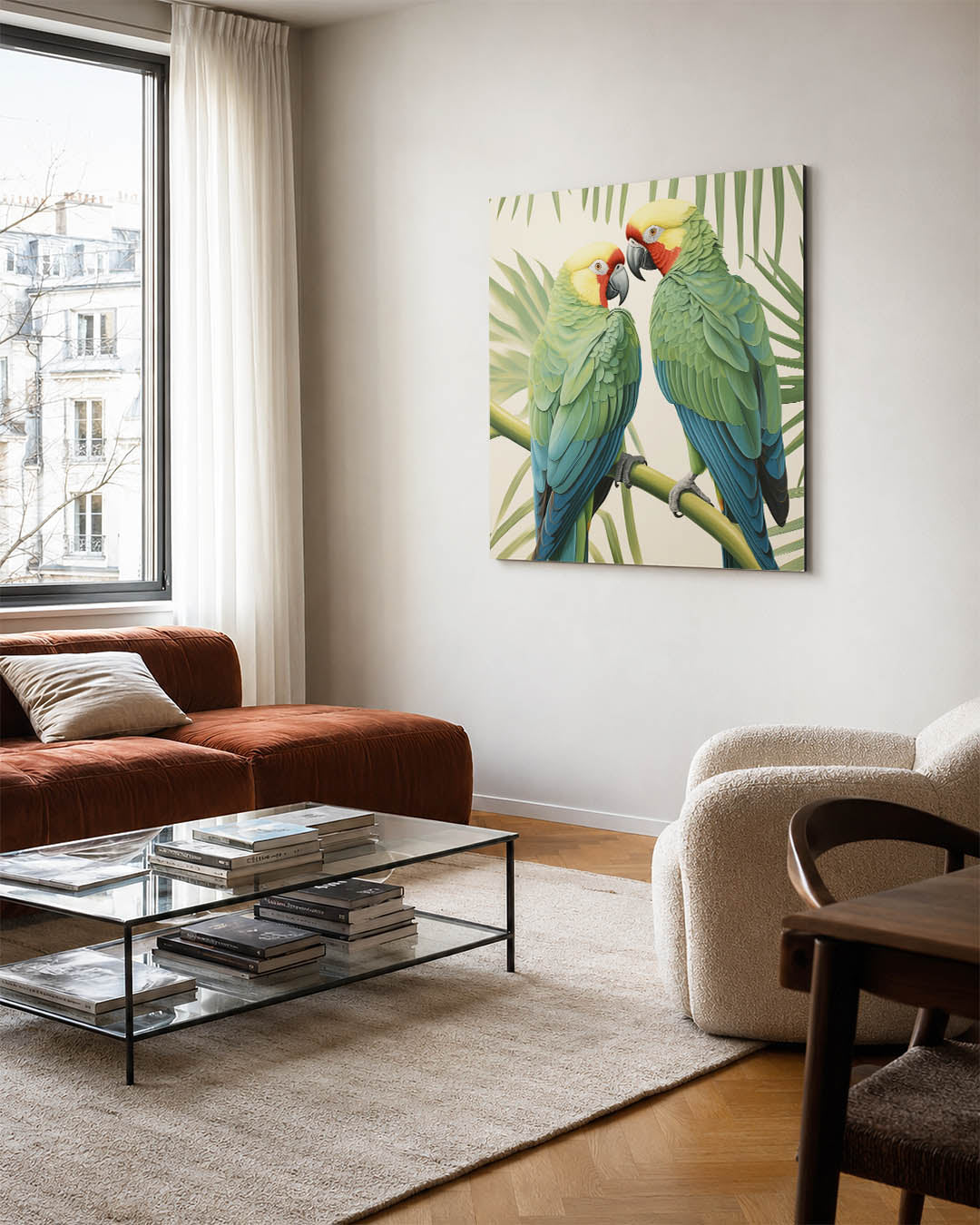 Tropische vogels kunstwerk – vierkante wanddecoratie – dit werk toont twee kleurrijke papegaaien op een tak, omringd door