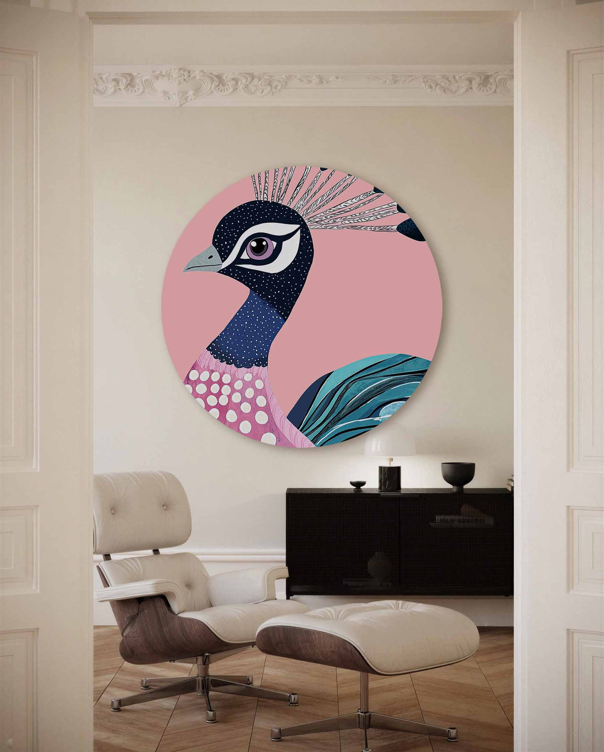 Pauw op roze – illustratie muurcirkel als ronde muurdecoratie