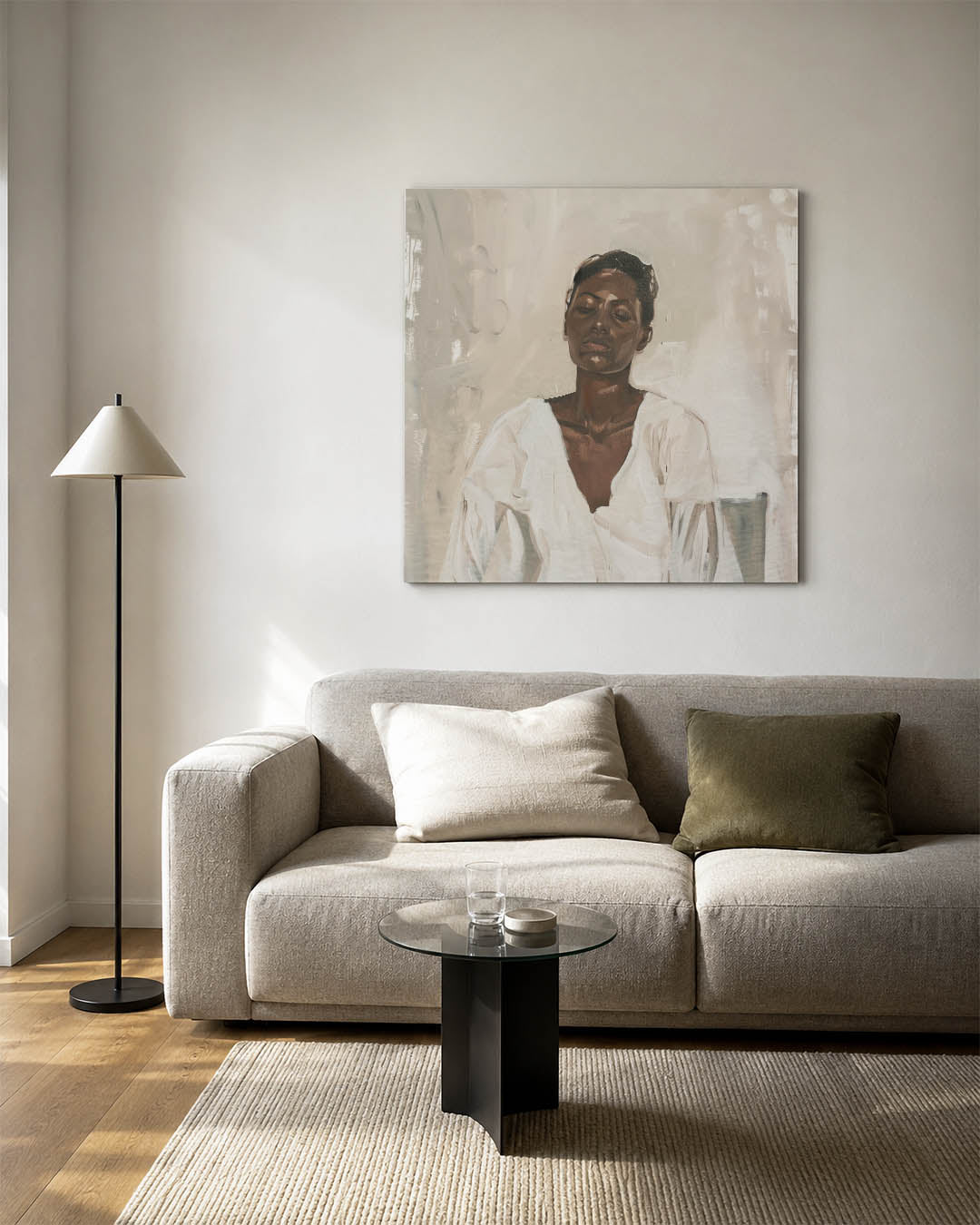 Rustige portretstudie kunstwerk – vierkante wanddecoratie – dit werk toont een serene figuur met gesloten ogen, omgeven door