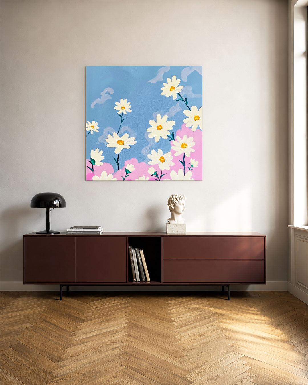 Bloemen in blauwe lucht kunstwerk – tweede productweergave – dit werk toont witte bloemen tegen een blauwe lucht met roze