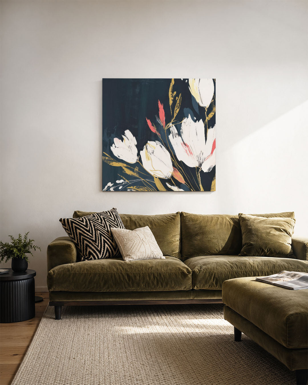 Bloemrijke expressie kunstwerk – derde productweergave – dit werk toont een dynamische compositie van bloemen met vloeiende