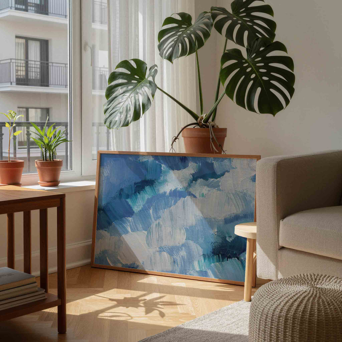 Blauwe penseelstreken – schilderkunst als moderne landscape poster