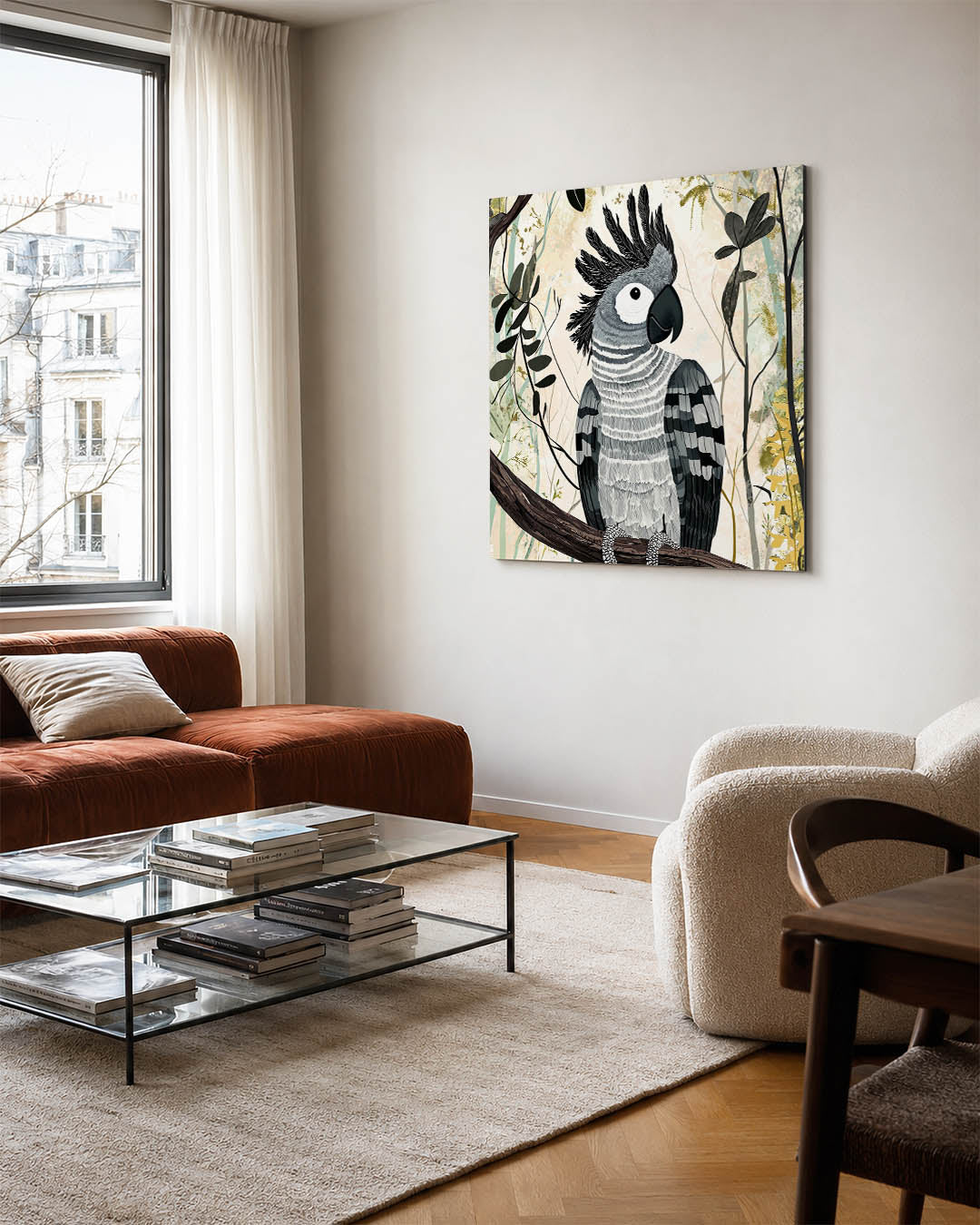 Vogelsilhouet in natuur kunstwerk – vierkante wanddecoratie – dit werk toont een gedetailleerde vogel met zwart-witte veren