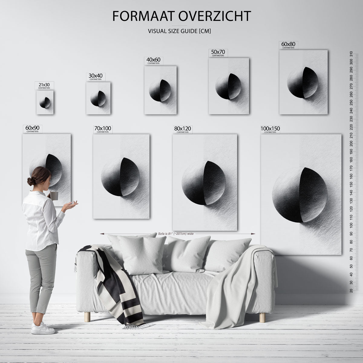 Zwart wit bol – staande muurposter met abstracte vormen