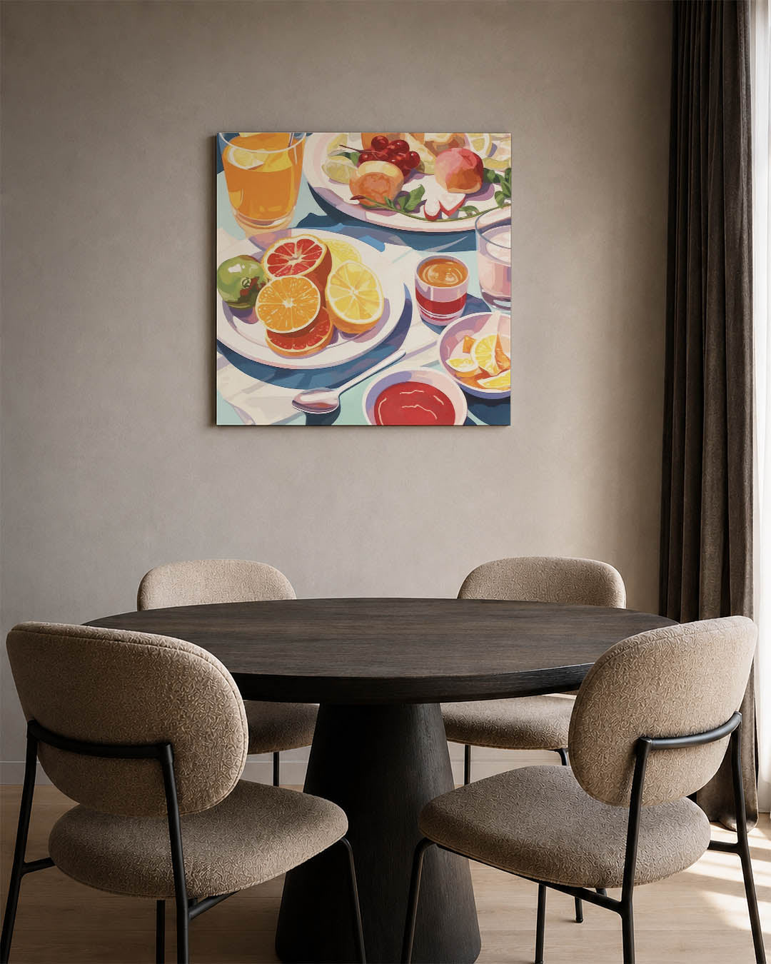 Fruitige ontbijt scène kunstwerk – vierkante wanddecoratie – dit werk toont een levendige compositie van kleurrijk fruit en