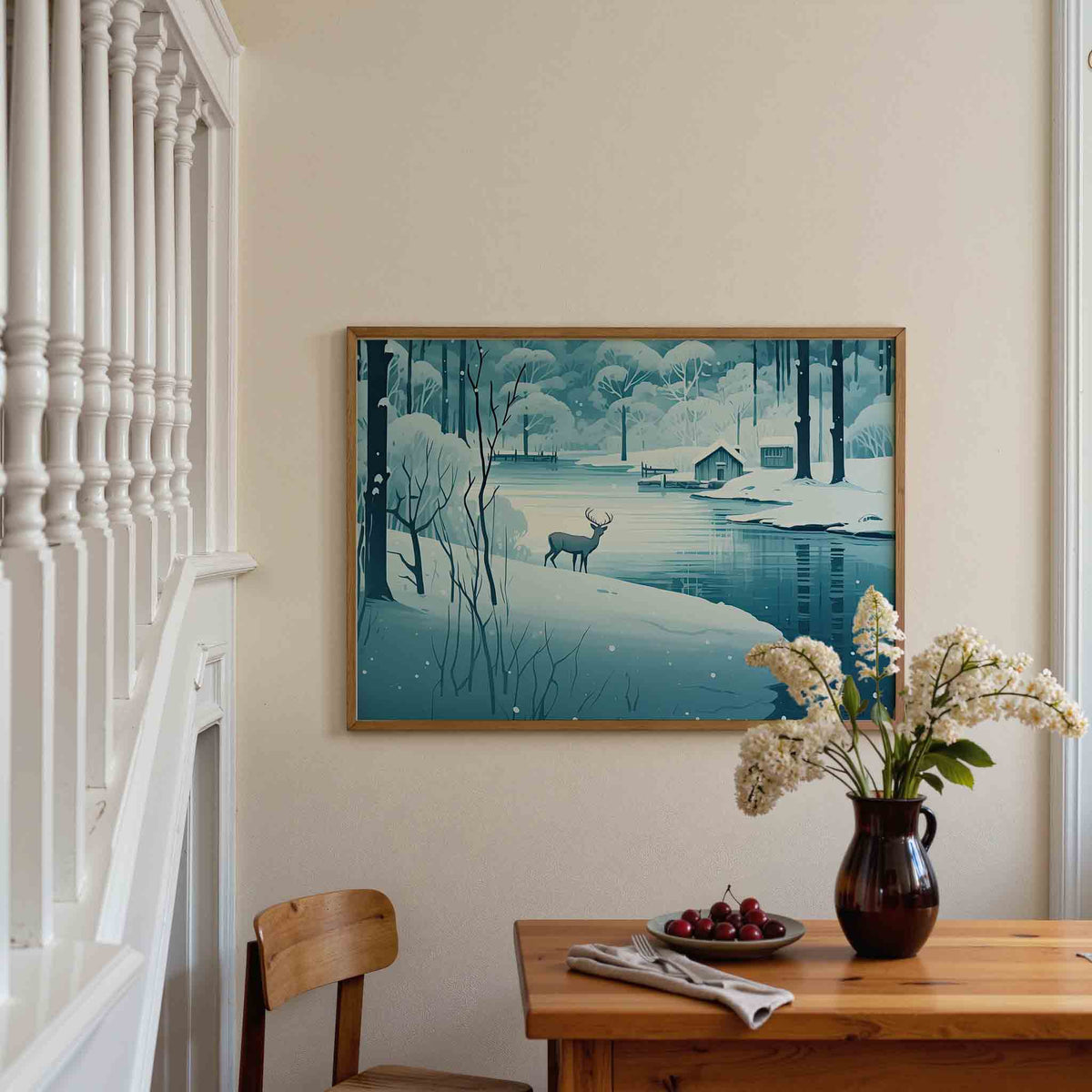 Hert bij besneeuwd meer – liggende illustratie poster als wanddecoratie