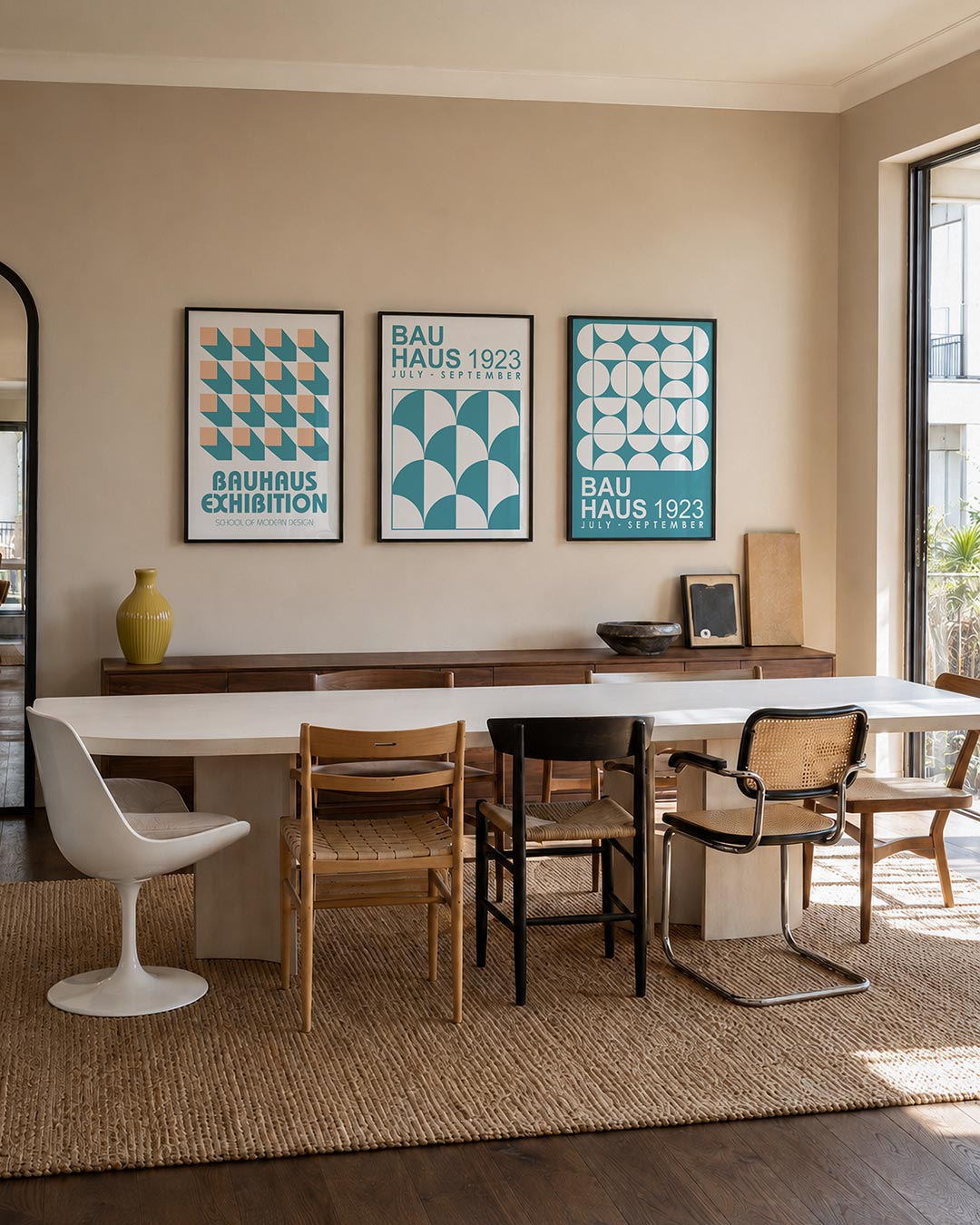 Vorm en schaduw driedelige posterset – deze posterset in drie delen toont een ritmisch patroon van perzikkleurige vierkanten