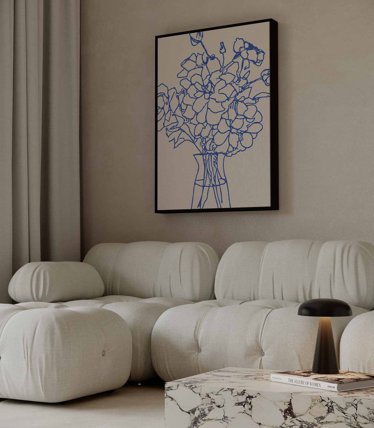 Elegante Blauwe Bloemenlijn – modern portret kunstwerk van WallArtistic