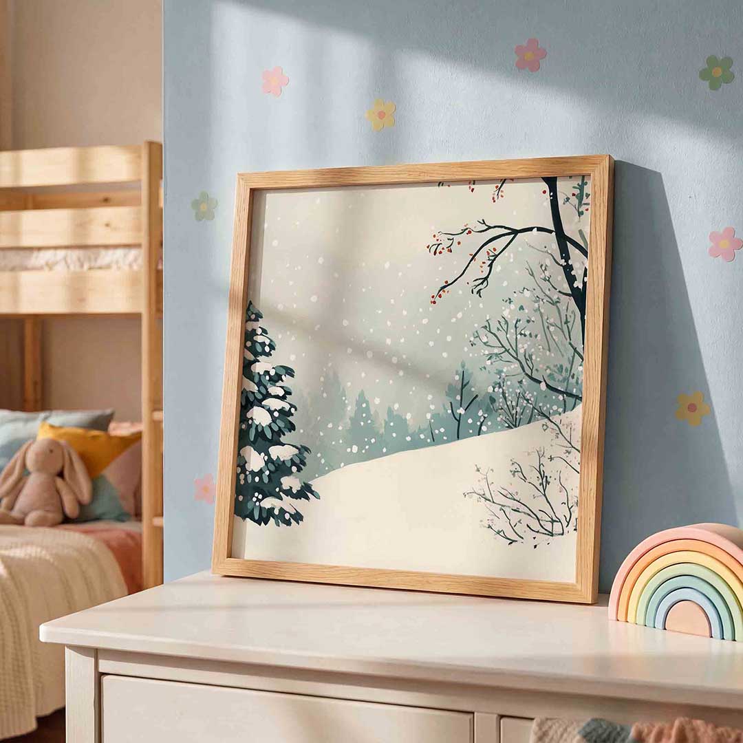 Winterlandschap met sneeuw – speelse wandkunst als vierkante kinderposter